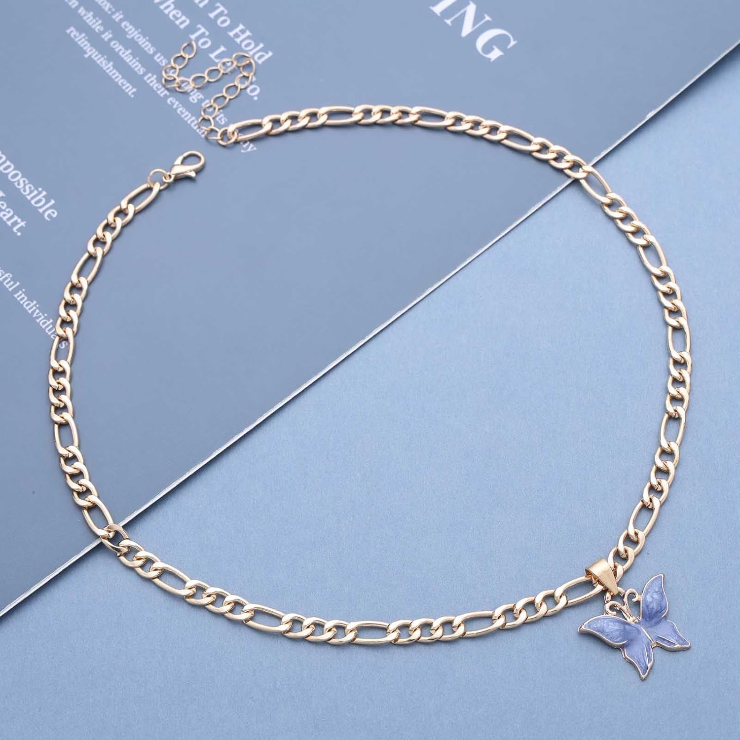 Andelaisi Boho Blue Resin Butterfly Necklace Vintage Butterfly Pendant Necklace Blue Butterfly Choker Necklace Adjustable Butterfly Figaro Chain Necklace Jewelry for Women - Image 3