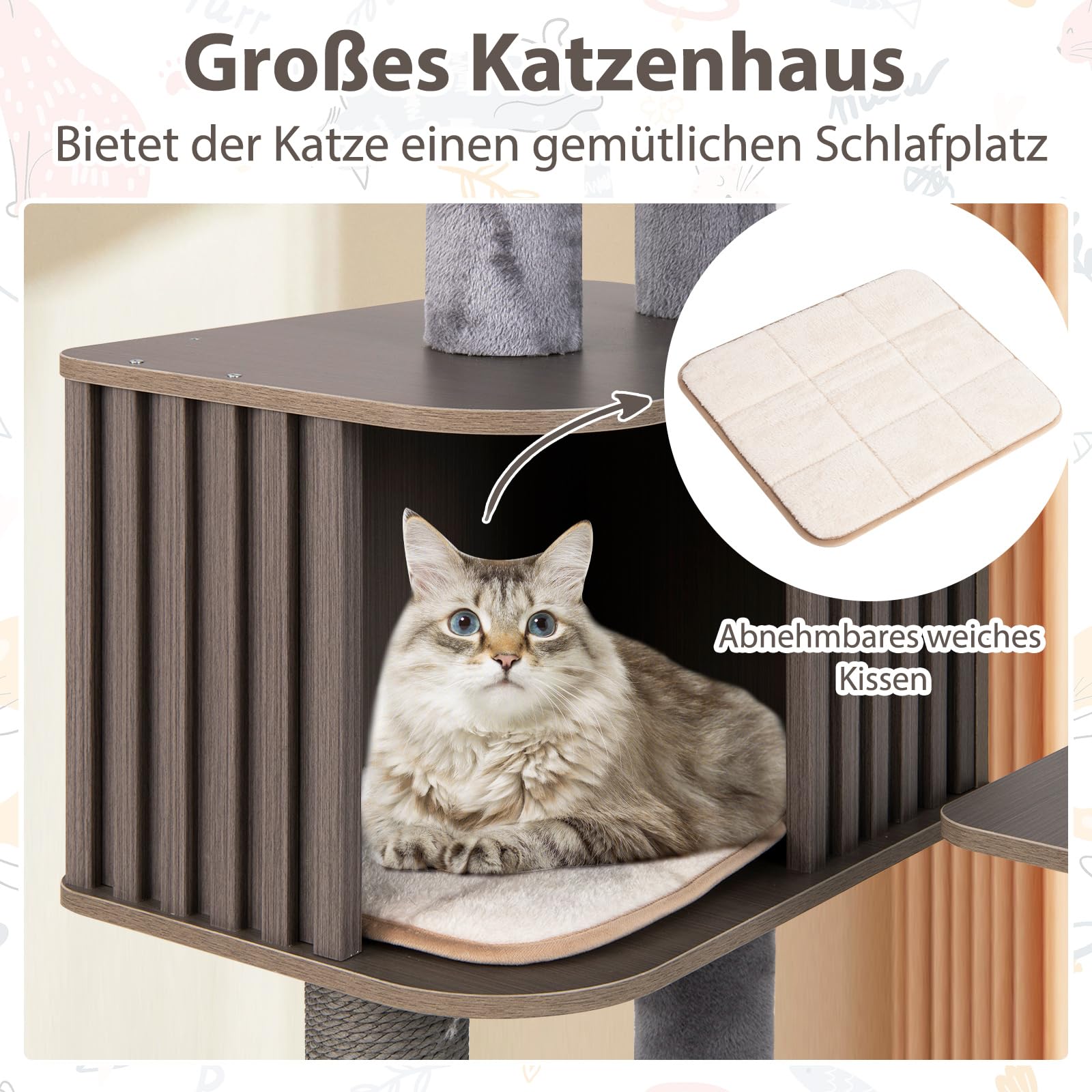 COSTWAY Kratzbaum groß, 151 cm, Katzenbaum mit Plattformen, Katzenhöhle, Kratzpfosten, Ball & abnehmbaren Matten, Katzenkratzbaum Katze, Katzenturm Kletterbaum, Grau