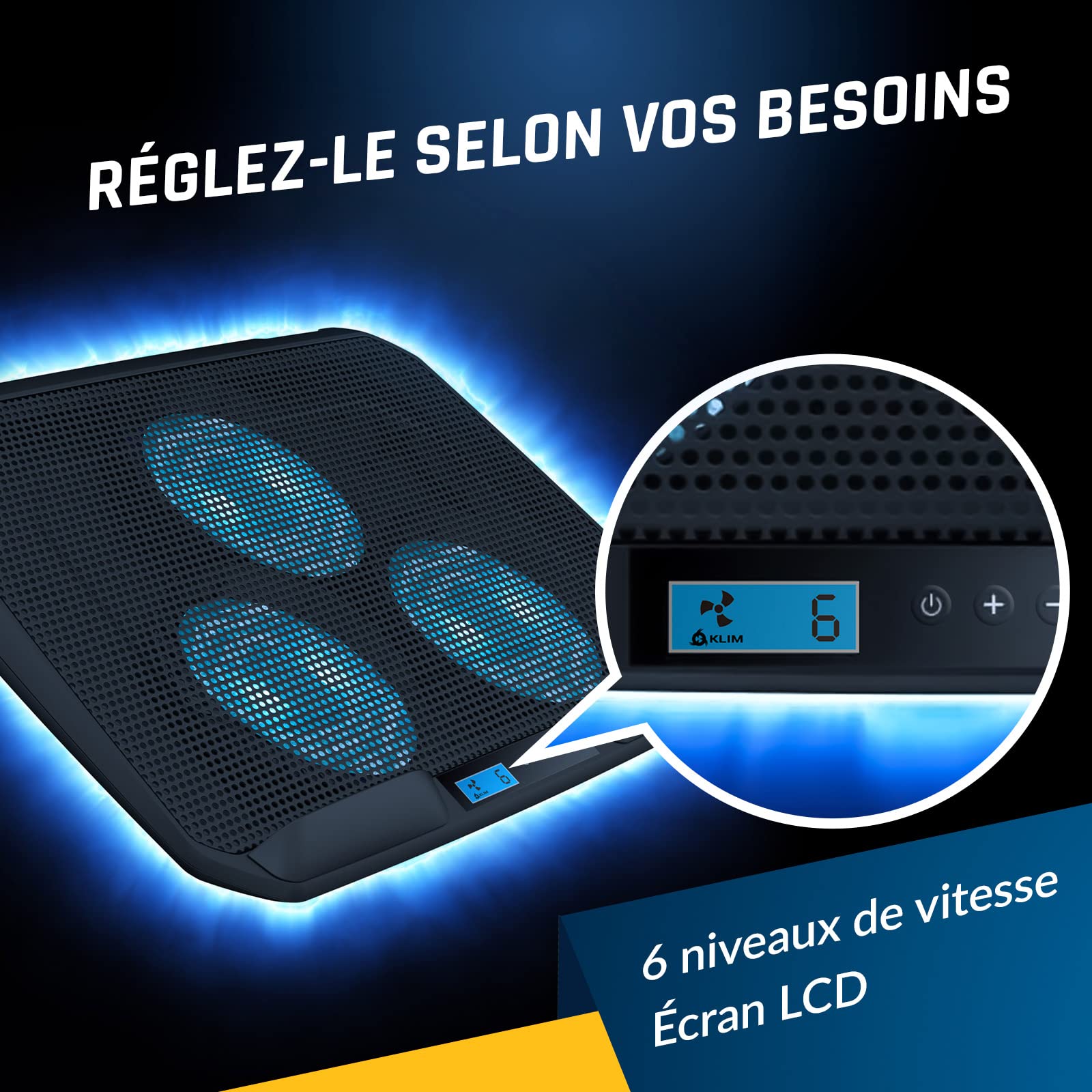 KLIM KN02 Refroidisseur PC Portable 11-17,3 Pouces - Repose-Poignets Ergonomiques Innovants - 3 Ventilateurs de 1500 RPM - Support PC Portable + Grille métallique + Garanti 5 Ans - 2022