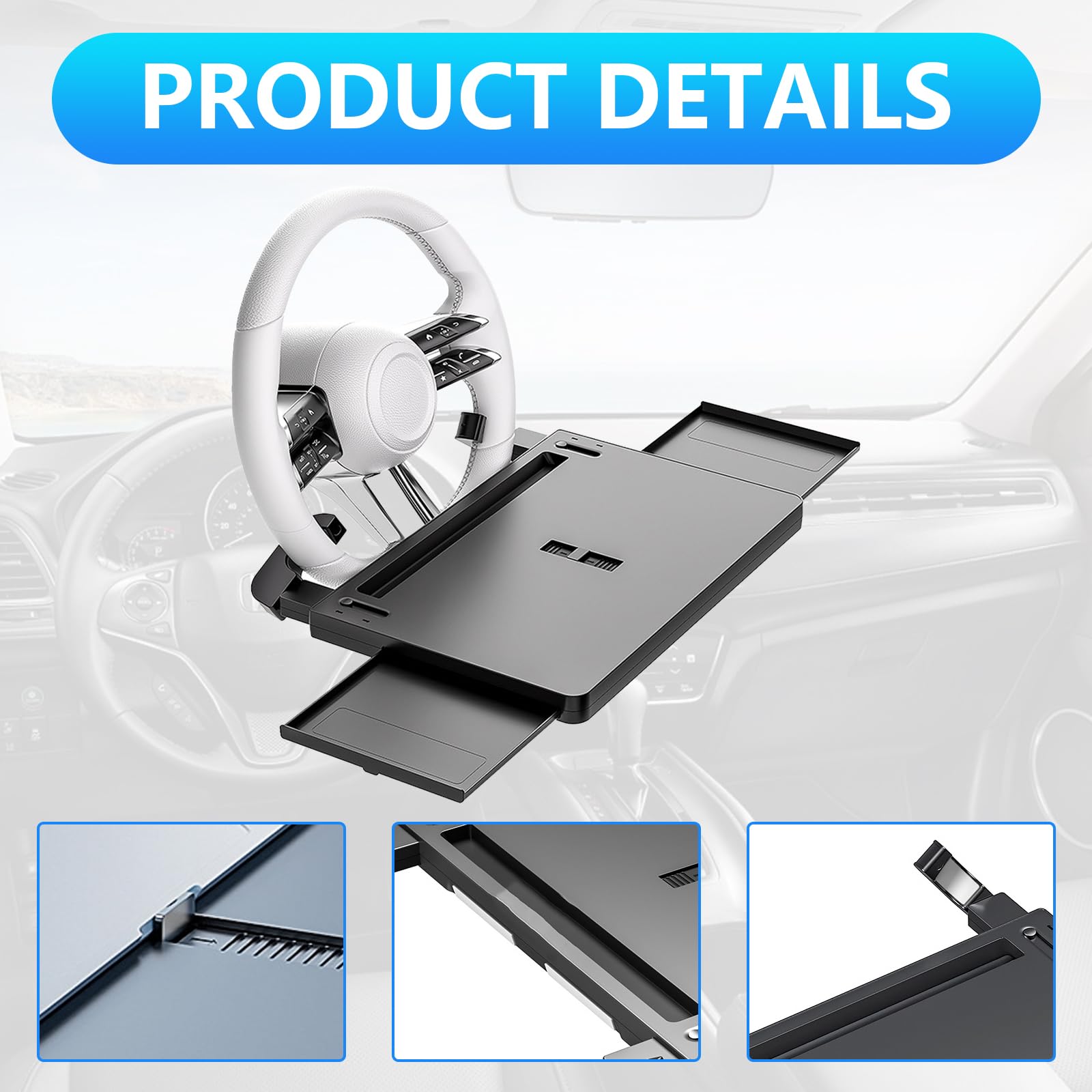 Tavolino da volante per auto 3 in 1 con clip, con vassoi retrattili sinistro e destro e scanalatura antigraffio per volante, vassoio multifunzionale per alimenti per auto, per viaggi/lunghe distanze