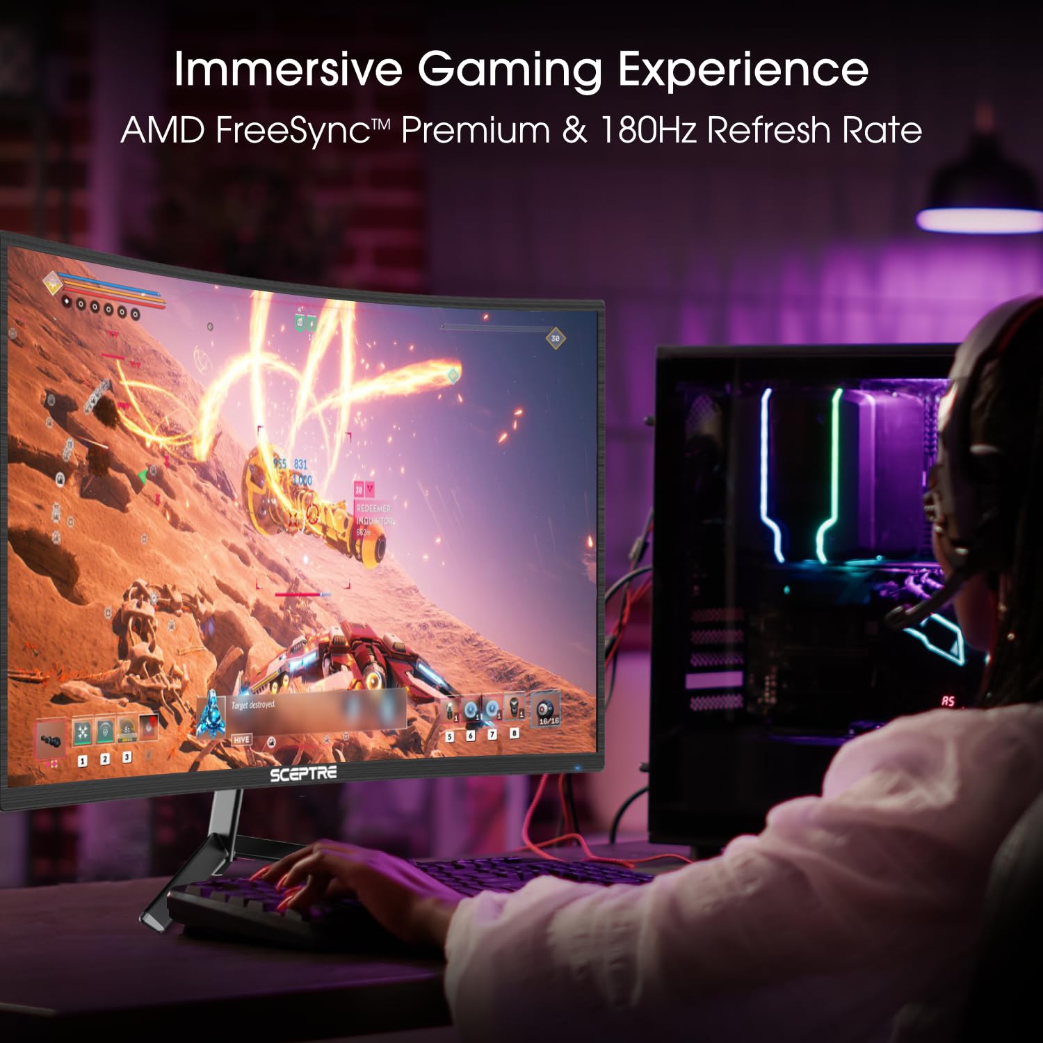 SCEPTRE New Curved 24-inch Gaming Monitor 180Hz 1500R HDMI x2 DP x2 Build-in Speakers 2025