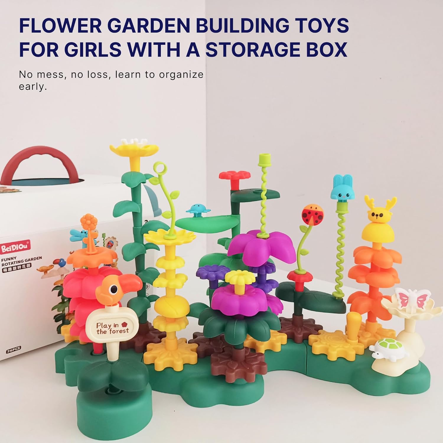 Rotating Garden Building Blocks STEM Toys for Kids Ages 3-5, 74 PCS Educational Construction Kit with Gears, Animal Figures & Baseplate, Preschool Learning (Forest Series L2)