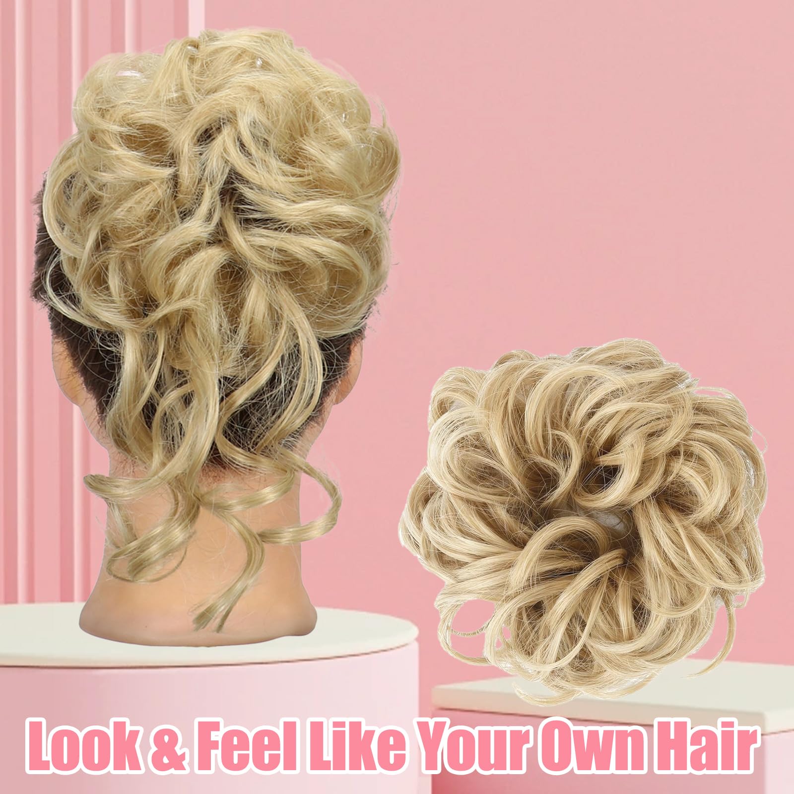 GIEEU 2 Styles Ash Blonde Messy Bun Hair Piece Set, Elastic Scrunchies Hair Bun Donut Kit for Women Easy Wear Hair Accessories - Image 2