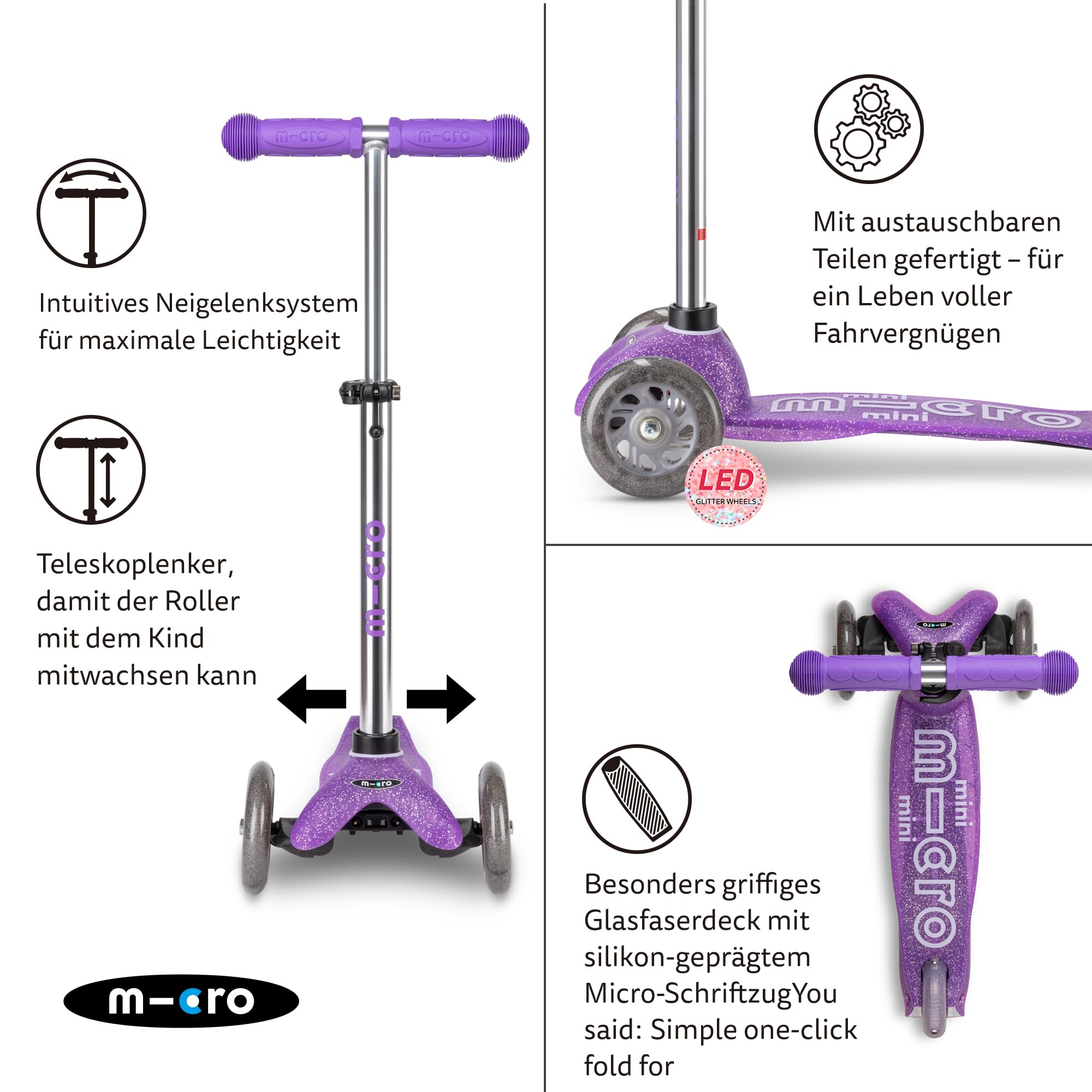 micro™ Mini micro Deluxe Fairy Glitter LED | Höhenverstellbar | Das ORIGINAL | Kinderroller ab 2 Jahren | Inklusive LED Rollen | Jungs & Mädchen 2-5 Jahre | Weiche Lenkung durch Gewichtsübertragung, Lenker millimeterverstellbar, leicht, PU-Rollen mit Indu