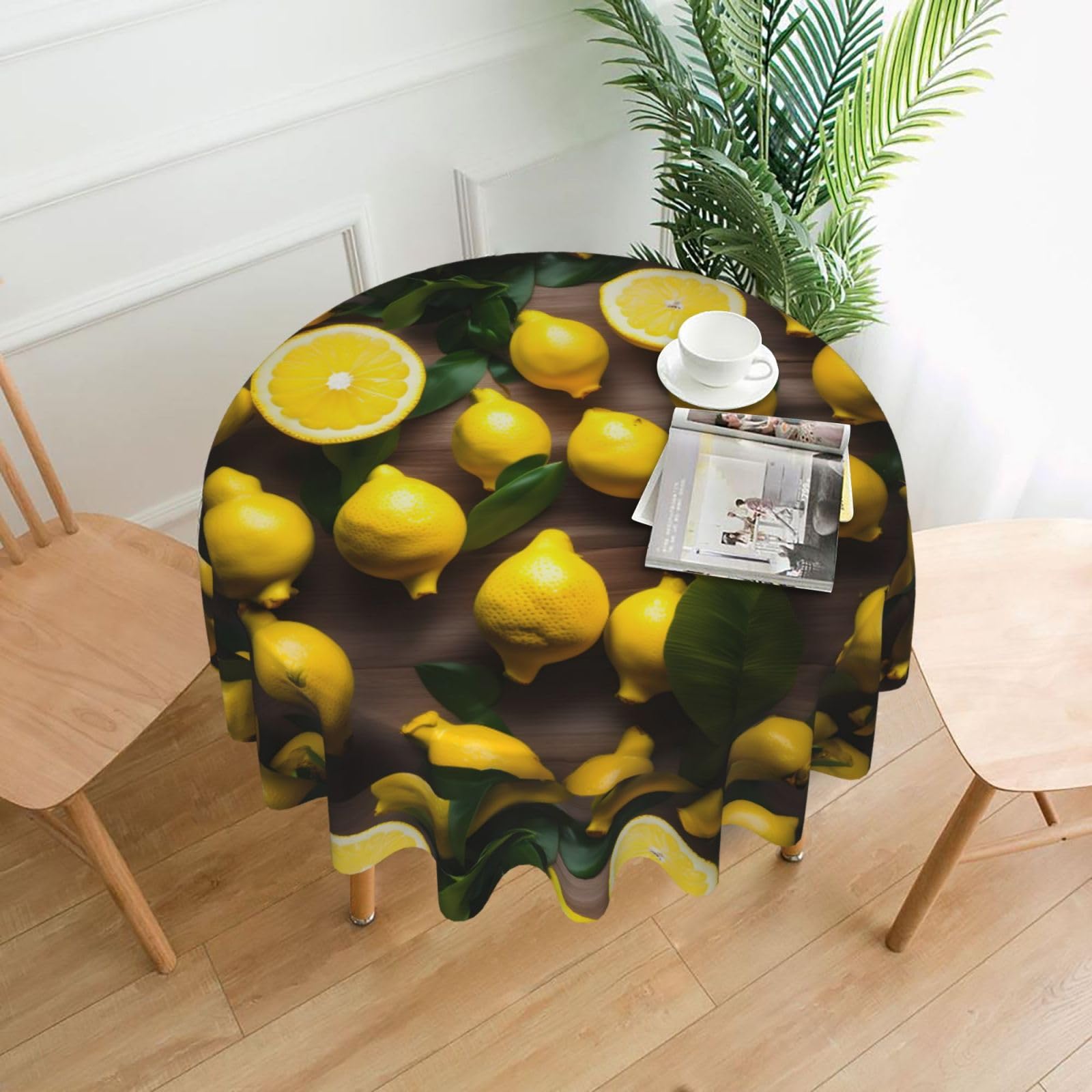 Nbtghga Fresh Tropical Lemons Print Tablecloth Round Border Table Cloth Cover Decorative For Party Holiday Dinning Tabletop Home