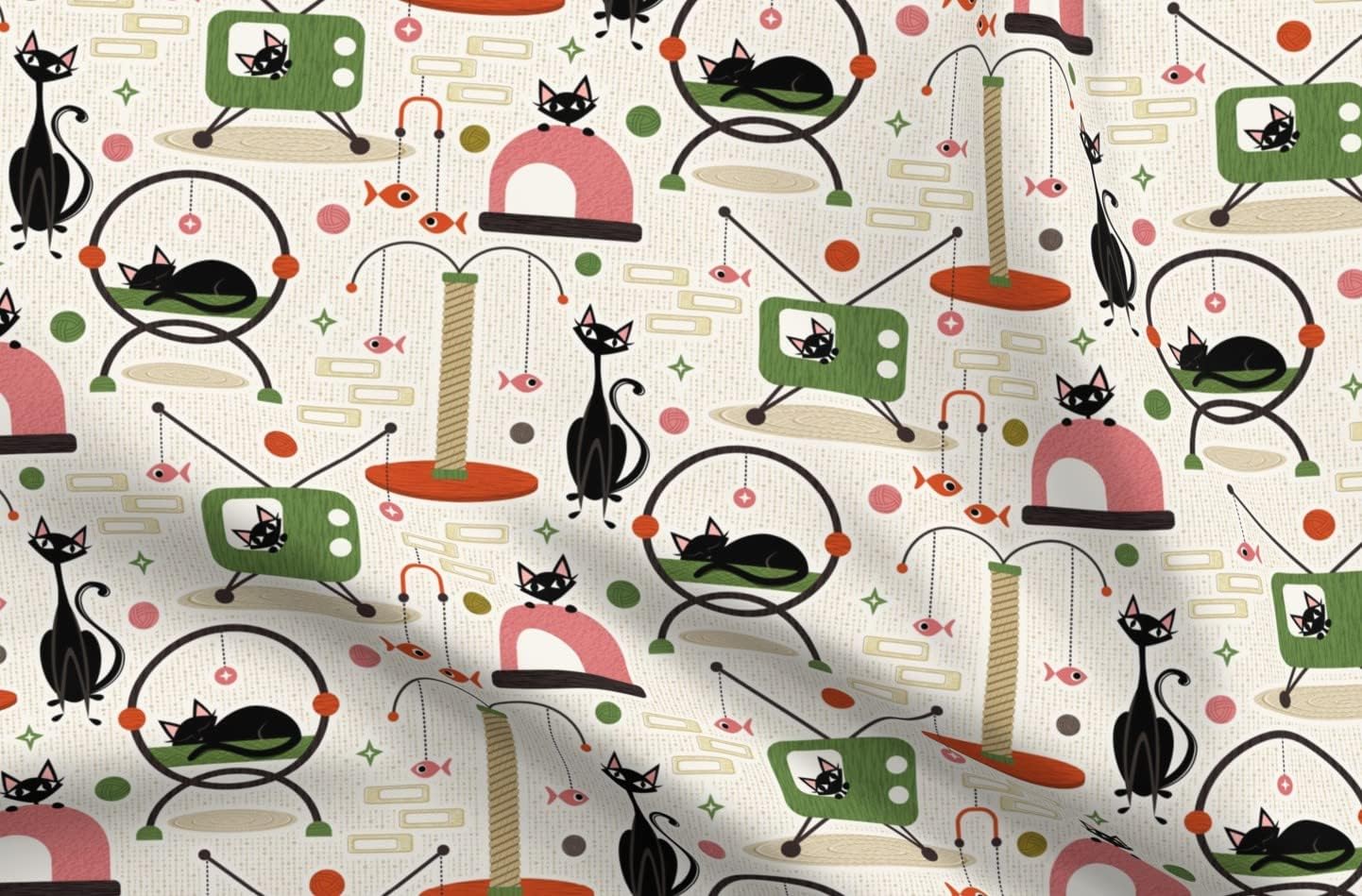 Spoonflower Fabric - Midcentury Modern Cats Play Room Vintage Retro Cat Kitten Mod Printed on Petal Signature Cotton Fabric Fat Quarter - Sewing Quilting Apparel Crafts Decor