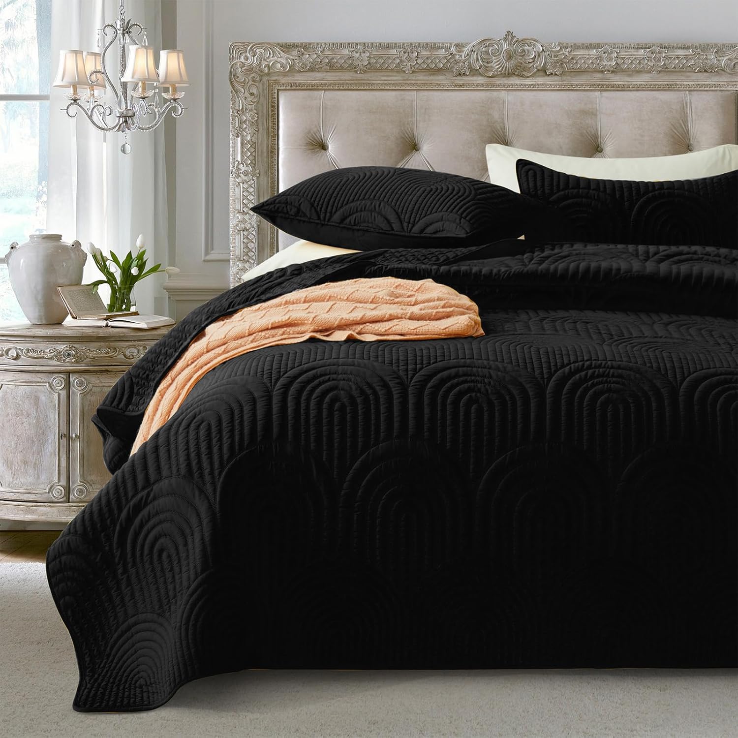 Safonory Black Quilt Twin Size - Summer Soft Lightweight Microfiber Archway Stitched Quilted Bedspread - 2 Pieces Coverlet Bedding Set for Twin Bed(1 Quilt, 1 Sham) Black - Arch Twin