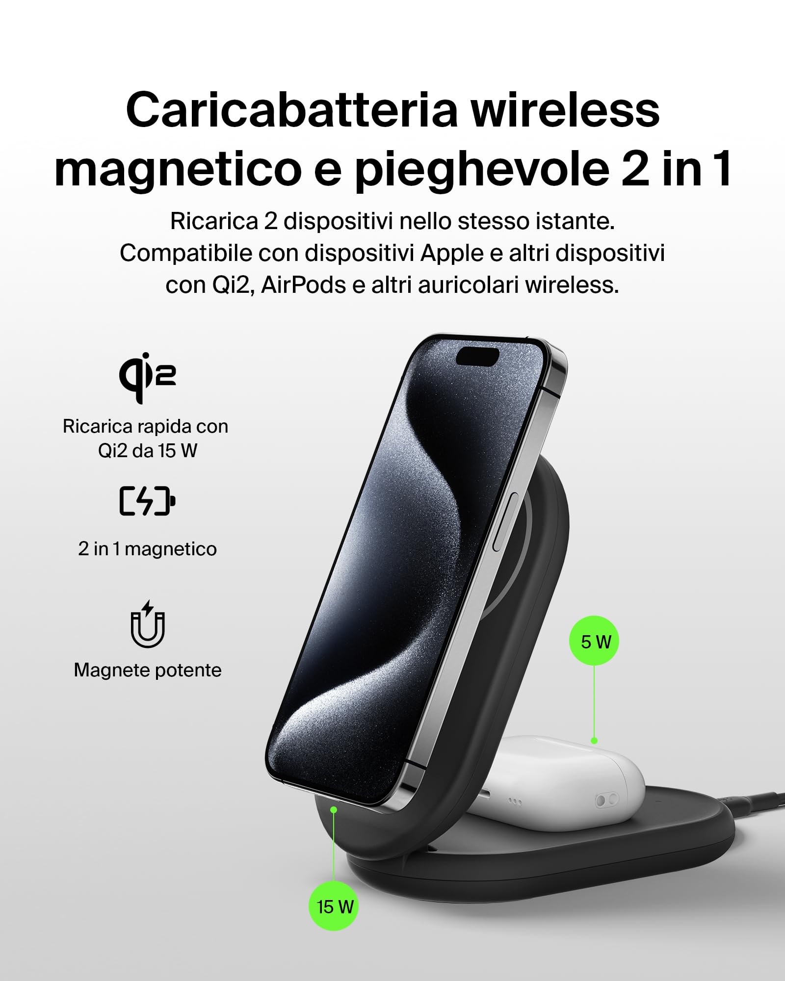 Belkin BoostCharge Caricabatteria magnetico pieghevole 2 in 1 con Qi2 15W, Caricatore wireless compatibile con MagSafe, ricarica rapida per Apple iPhone 17, iPhone Air, Pixelsnap, alimentatore - Nero