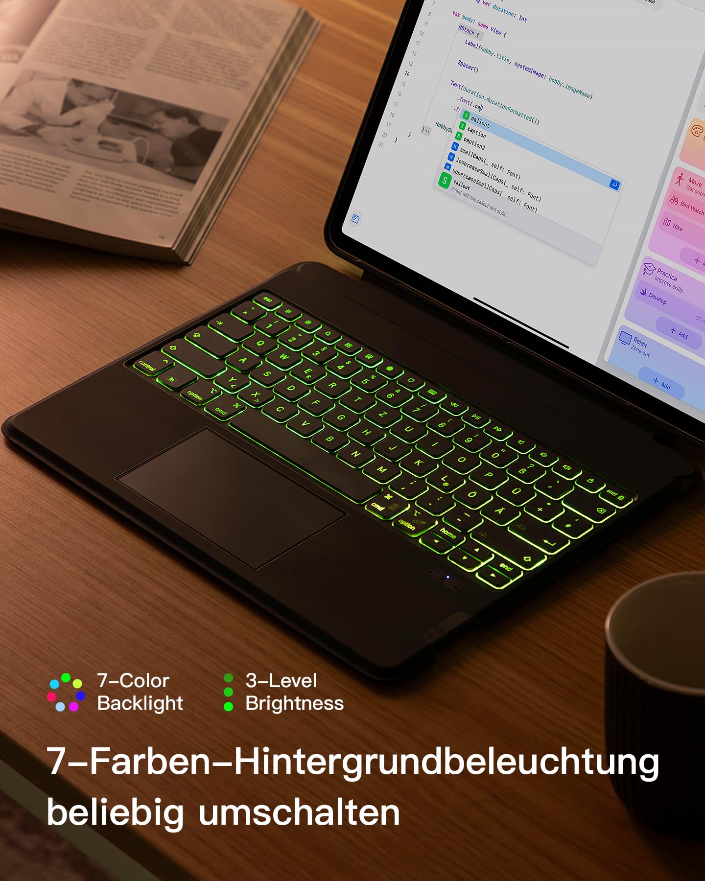 Inateck Tastatur Hülle für Air 13 Zoll M4/M3/M2(2026/2025/2024),iPad Pro 12.9 Zoll,Hoch-/Querformat Ständer,Abnehmbare Touchpad mit 7-Farbiger Hintergrundbeleuchtung,QWERTZ,KB04118