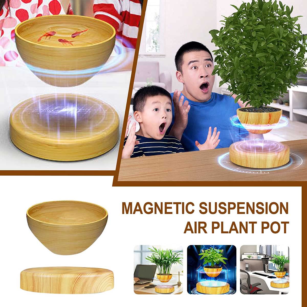 Pot De Bonsaïs À Air en Lévitation Plateau pour Plantes De Maison, 360 Degrés Pot De Bonsaï Flottant À Lévitation Magnétique Grain De Bois Pot De Fleurs Flottant pour Cadeau De Vacances