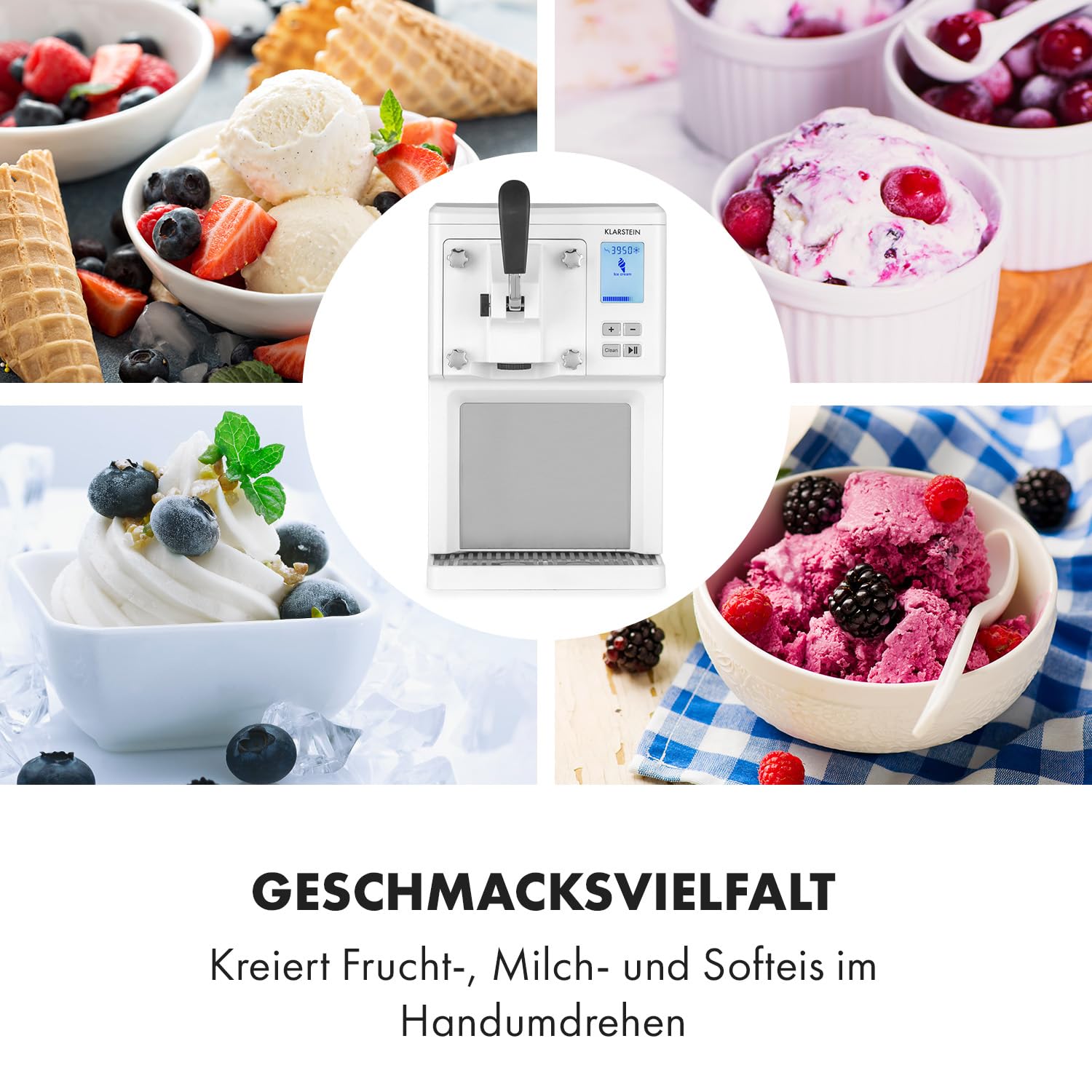 Klarstein Sweet Sundae Softeismaschine selbstkühlend 1,5 L Kompressor Edelstahl Weiß