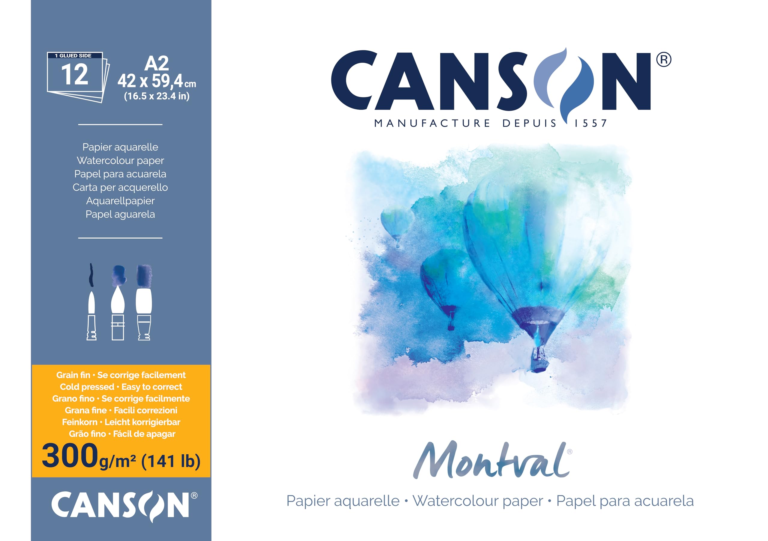 CANSON Montval, Papel para acuarela, Grano Fino, 300gsm, 141lb, Hoja, A2-42x59,4cm, Blanco Crema