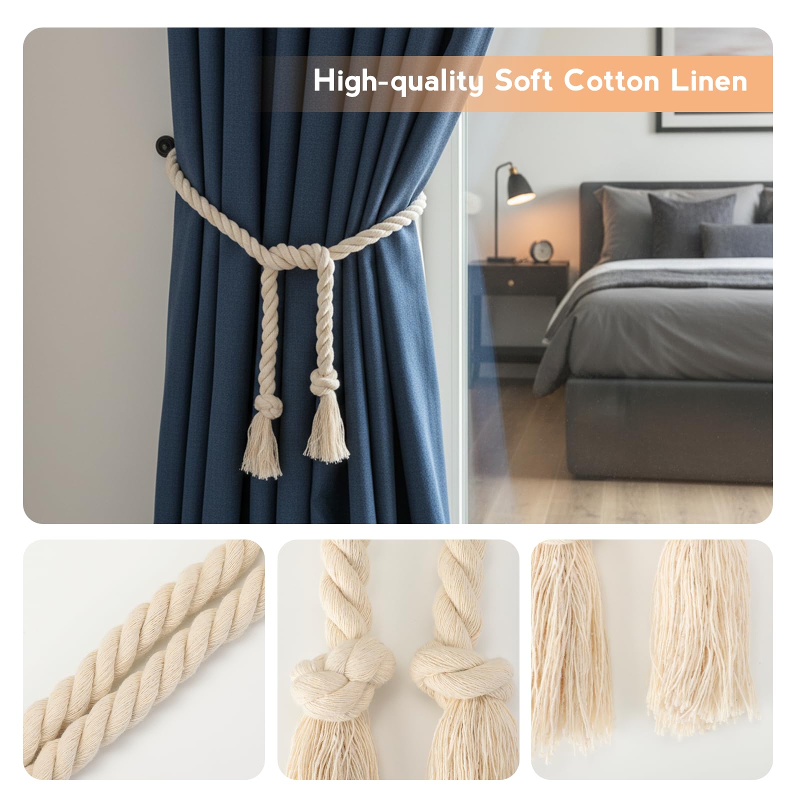 VINATO 4 Pezzi Ferma Tenda, Fermatende Corda in Cotone da 100CM, Corda Intrecciato a mano Stile Bohémien, Decorazione di Tende per Camere da Letto Soggiorni Uffici