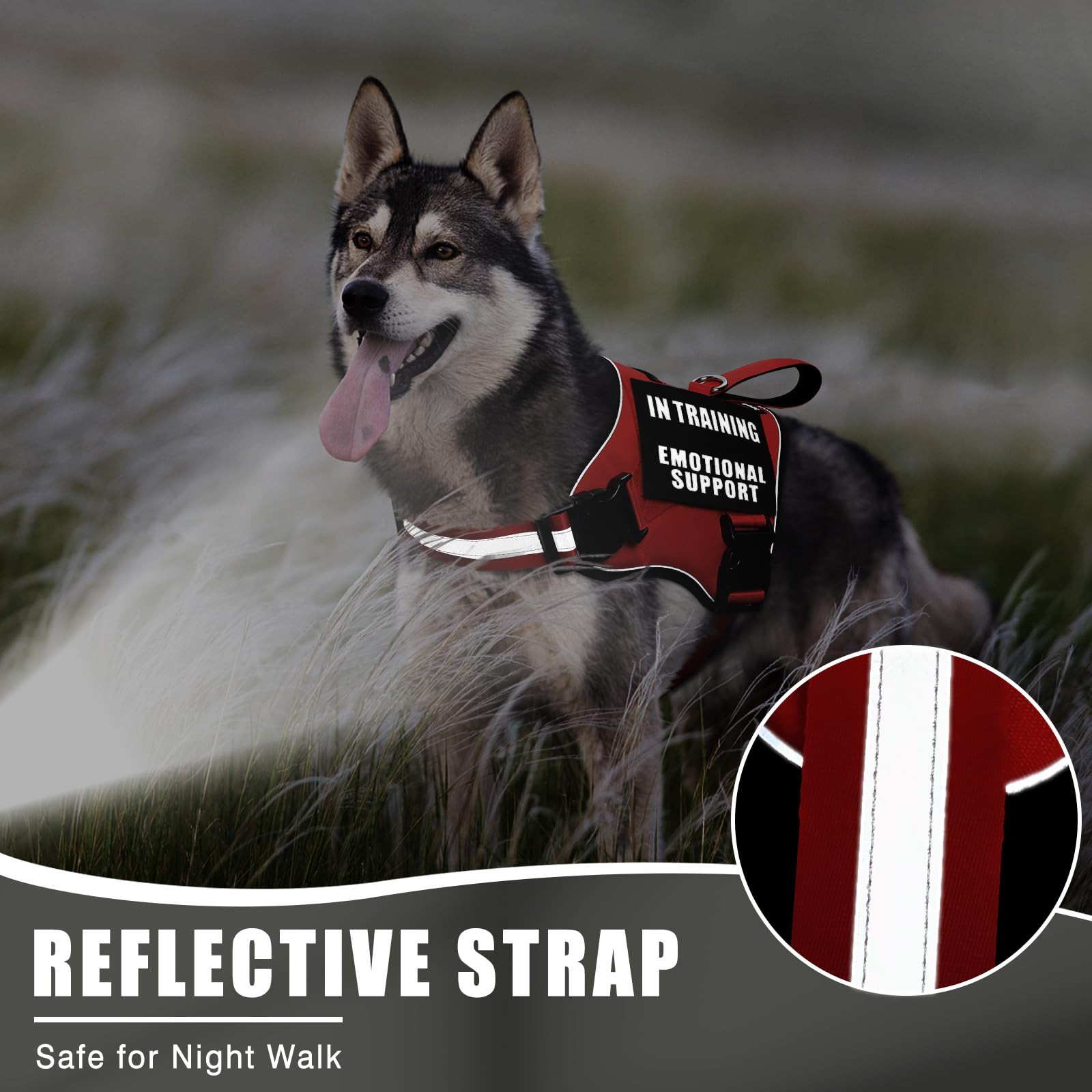 Arnés de chaleco de servicio para perro + etiqueta de identificación + 10 parches, placa de metal duradero y chaleco reflectante de apoyo emocional con asa para perros medianos, fácil de poner
