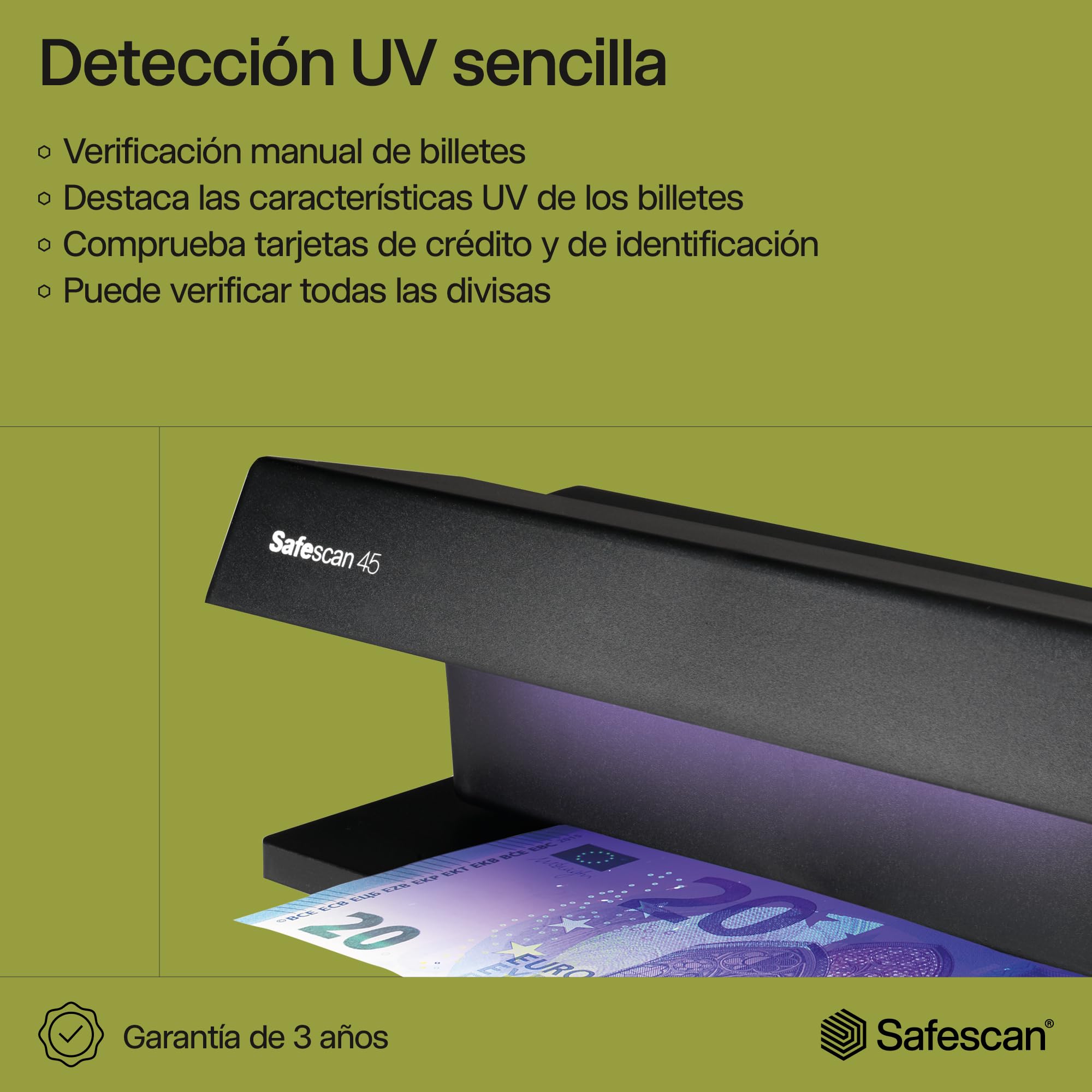Safescan UV 45 Detector de billetes falsos, verifica billetes, tarjetas de crédito y documentos - Detector UV para nuevos billetes - Detector billetes falsos con luz UV - Detector con luz UV