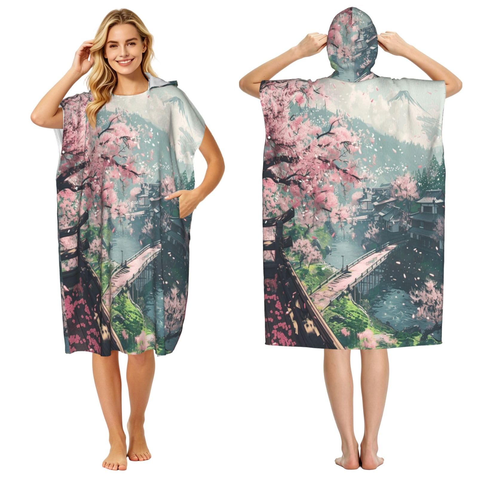 KLGRTJHK Cherry Blossom Festival Adult Hooded Beach Poncho Towel 43"X35"