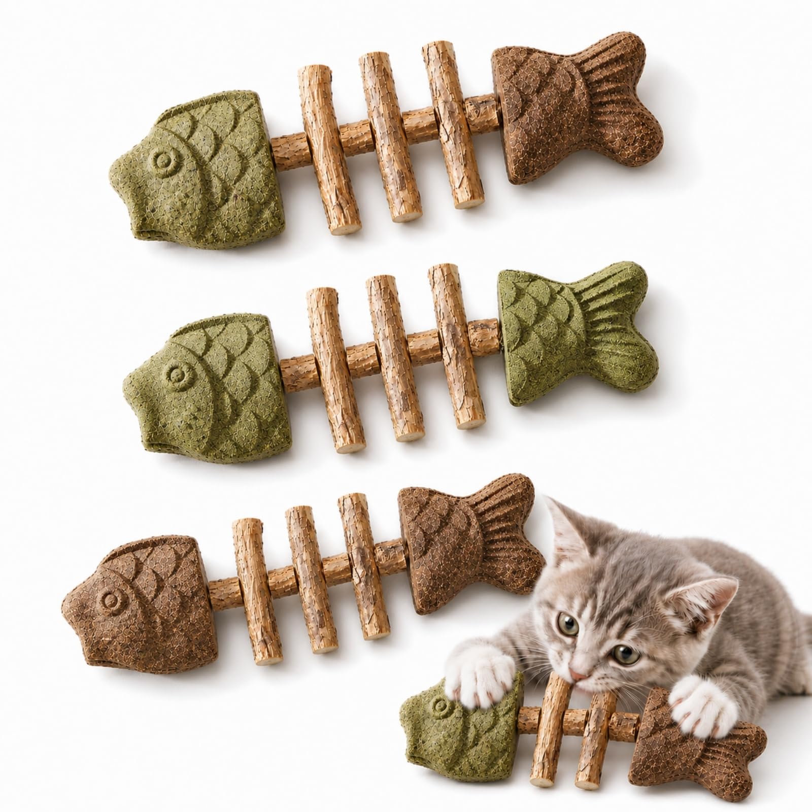 Genérico Fish Bone Cat Chew Toy, Catnip Silvervine Stick, Wooden Fishbone Bite Toy for Indoor Play and Daily Fun (A+B+C)
