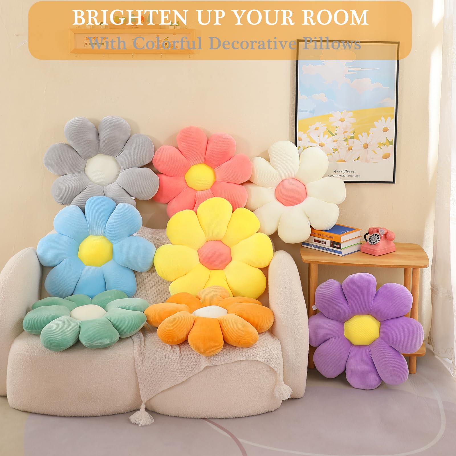 Menoeceus Flower Pillow, Daisy Pillow Flower Shaped Pillow Floor Pillow Flower Plush Pillow Cute Decorative Pillows Floor Cushions Flower Seat Cushion for Bedroom Sofa Chair (Yellow, 15.75