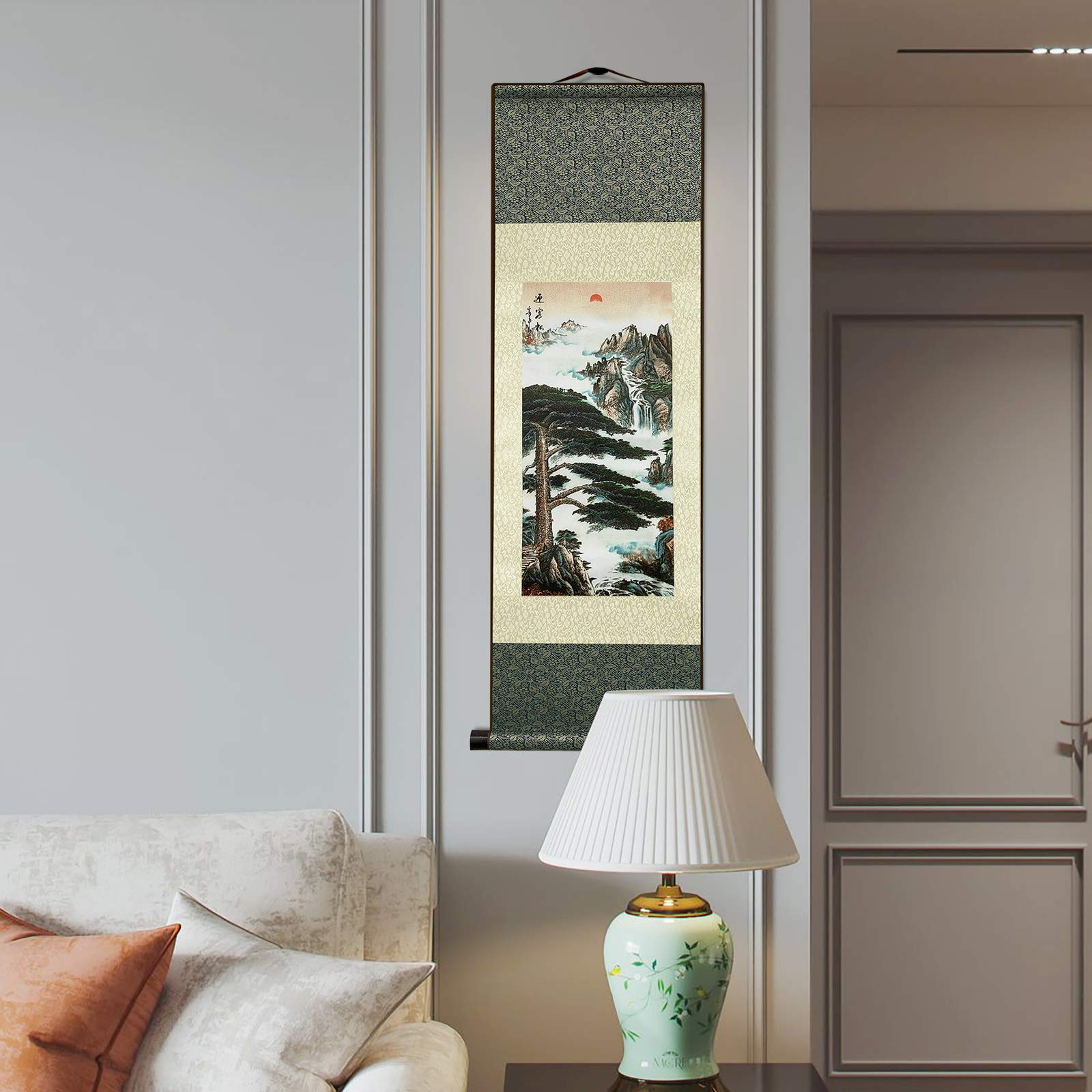 Peinture sur Rouleau Soie Décoration Murale Asiatique Défilement ​Peinture Peinture Paysage Rivière Cascade - Ville d'eau Décoration Murale Chinoise à Suspendre Décoration Orientale (94 x 30cm