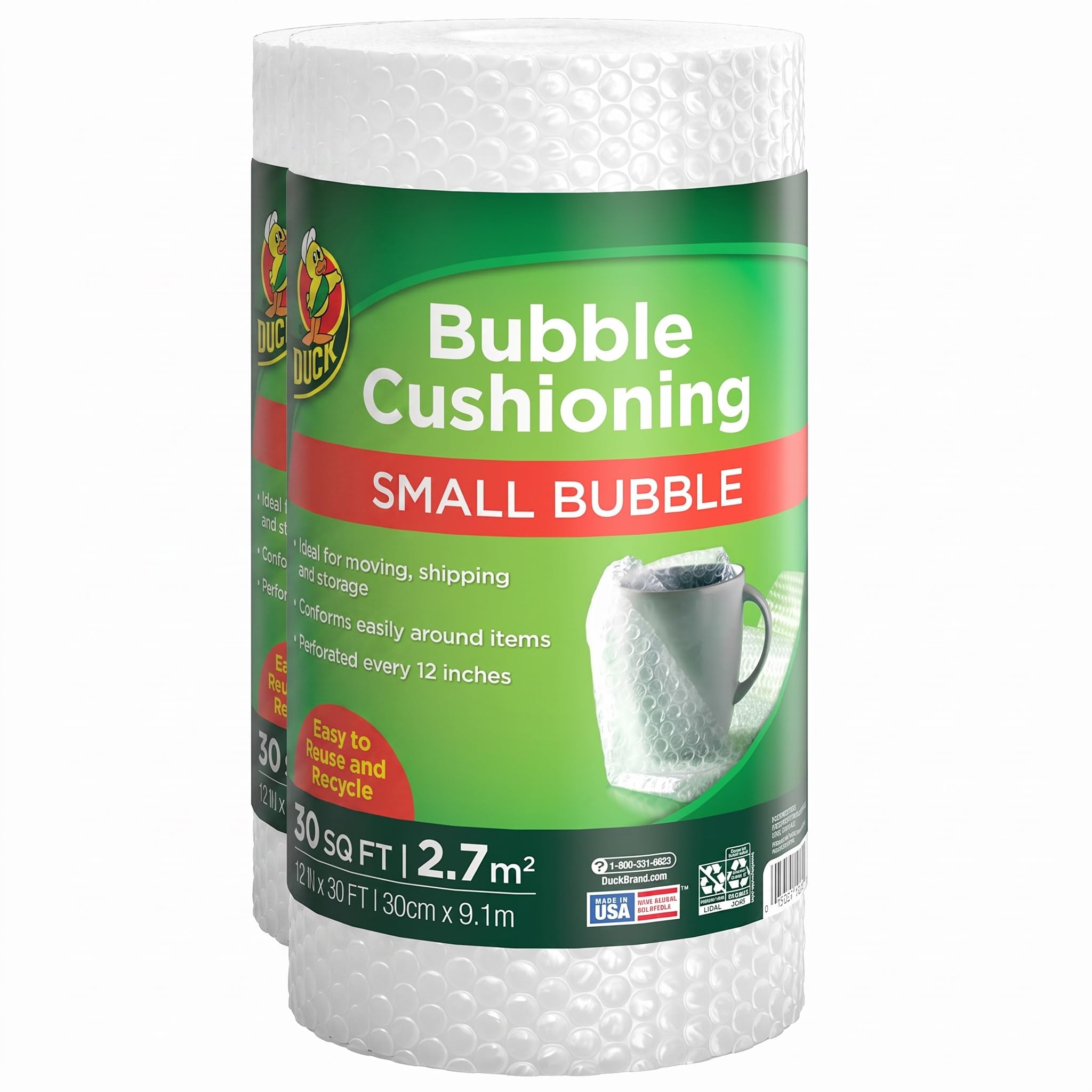 Duck Brand Small Bubble Cushioning Wrap for Moving &amp; Shipping - 30 FT Bubble Packing Wrap for Extra Protection Packaging Boxes &amp; Mailers - Clear Bubble Roll Moving Supplies, Perforated Every 12 IN
