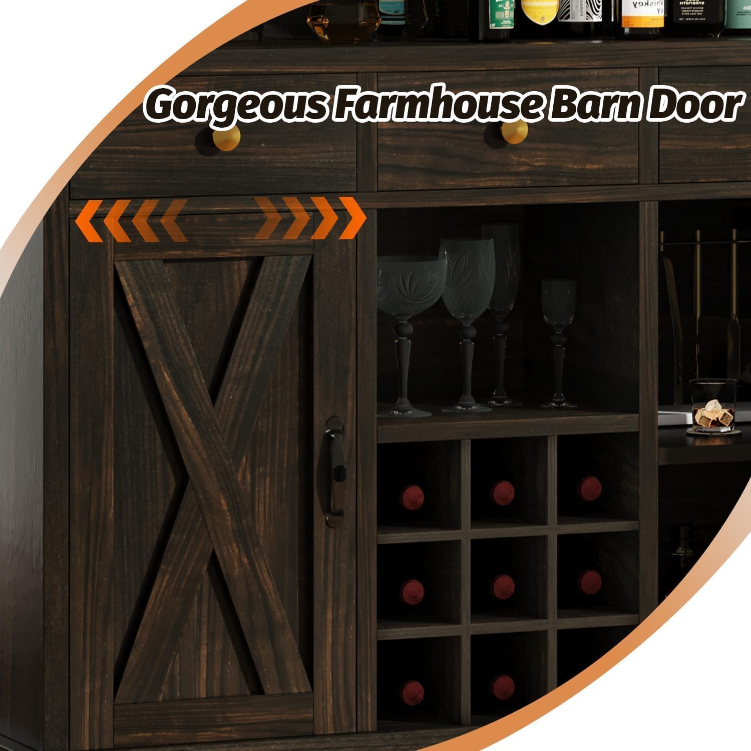 4ever2buy 52 Inch Bar Table with Foot Rail, Farmhouse Wine Bar Cabinet with 9 Wine Rack & 3 Drawers, Home Bar with Storage for Living Room, Dark Oak