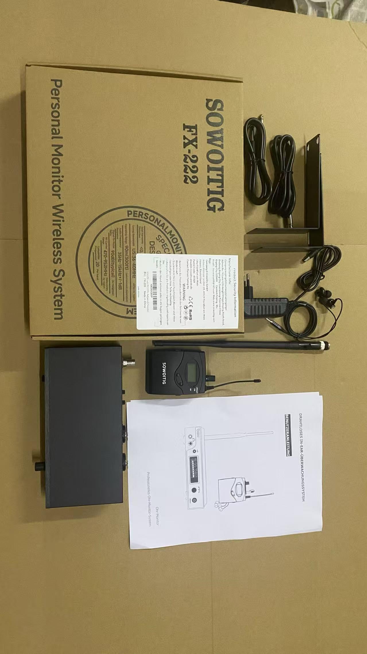 Sistema di monitoraggio wireless in-ear UHF-IEM (mono) con trasmettitore in metallo a rack, ricevitore bodypack e auricolari, 100 frequenze, portata 80 m