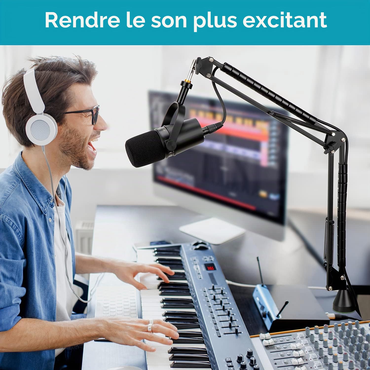 Shure MV7/MV7+ Bras Micro avec Bonnette Mousse, Support Micro Robuste Filtre Anti-Pop, Pied Pince Perche pour MV7X