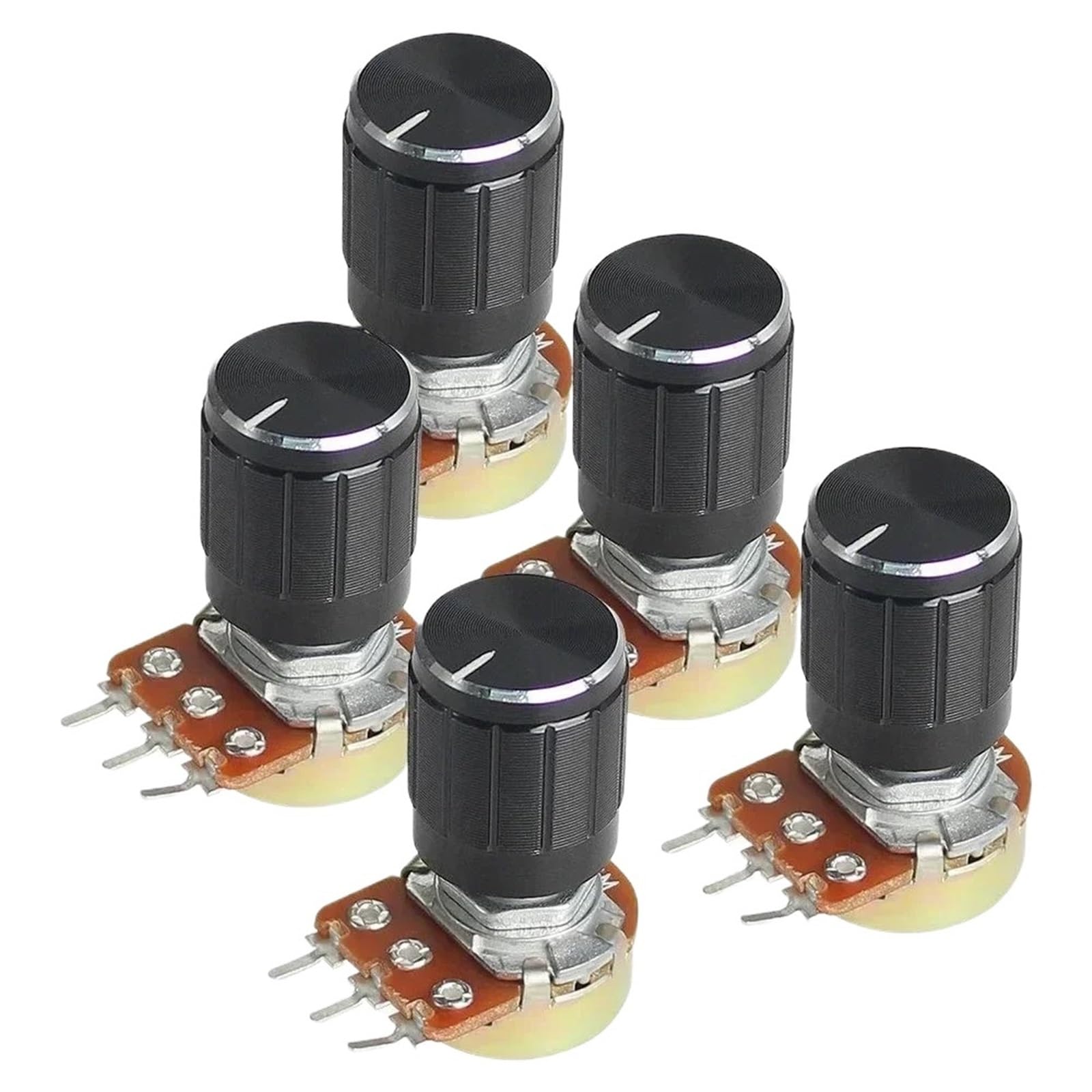 Kit de 5 potenciómetros lineales WH148 de 15 mm (10 K, 1 K, 2 K, 5 K, 20 K, 50 K, 100 K, 250 K, 1 M, 3 pines, con tapa de perilla de aleación de aluminio negra)(10K Ohm)