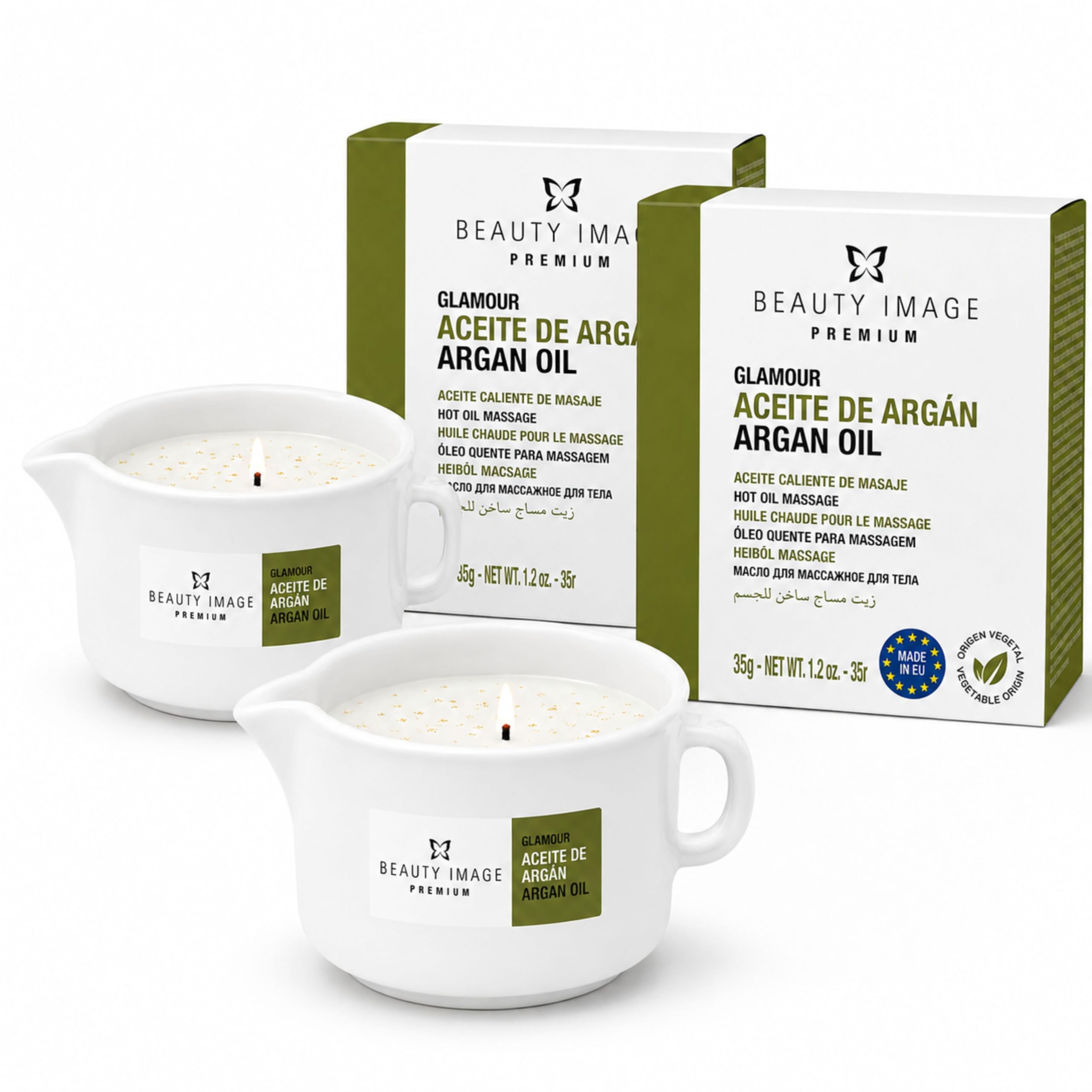 BEAUTY IMAGE Pack de 2 Bougies de Massage - Couleur Or Brillant - A l'Huile d'Argan. De 2 à 3 Massages Corporels Complets par Bougie. Huile Chaude pour Massage Professionnel.