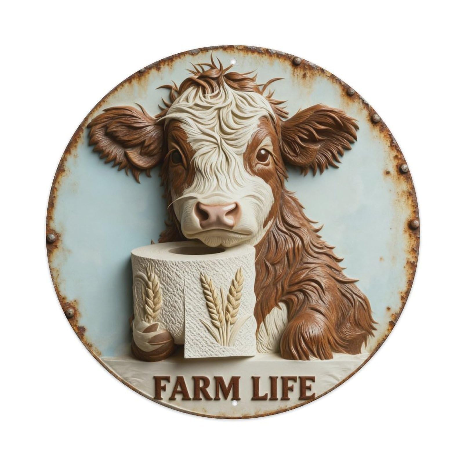 Cow Holding Toilet Paper Roll Round Metal Tin Sign Vintage Wall Decor, Bar Garage Cafe Kitchen Home Wall Art Poster 8x8inches