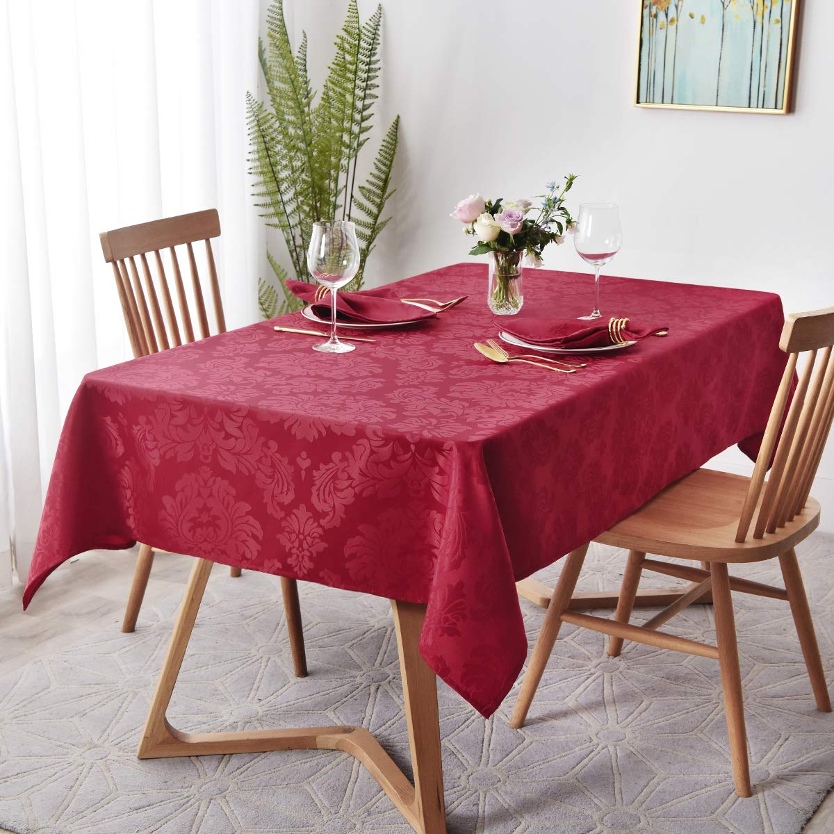 maxmill Jacquard Table Cloth Damask Design Water Resistant Wrinkle Resistance Heavy Weight Soft Tablecloth for Kitchen Dinning Tabletop Decoration Oblong 60 x 140 Inch Ruby Red