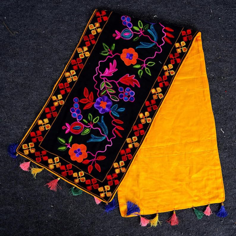 Handmade Black & multicolour floral Suzani Embroidery Table Runner, woven Home decor Gifts | Tahari Boho Table Throw | Premium Dining, Center Tablecloth | wall tapestry, Thanksgiving day, Gift to her4