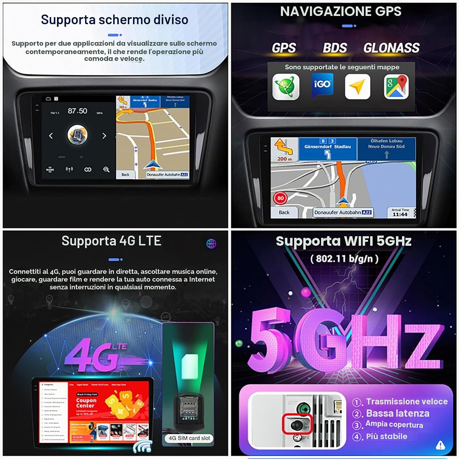 NALsa Android Car Stereo features: Split Screen, GPS Navigation, 4G LTE, and 5GHz WiFi.