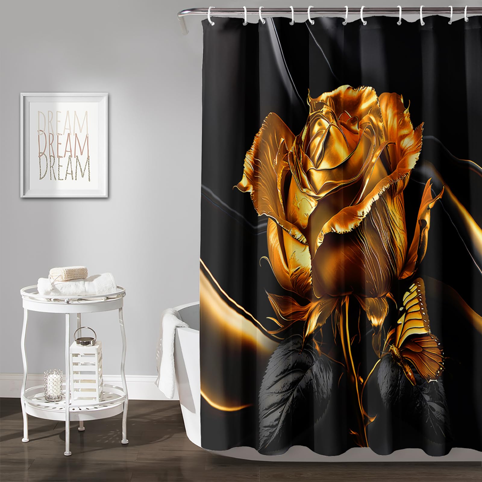 AILONEN Golden Rose Shower Curtain Set,Rose Flower Butterfly Print Bath Curtains for Kids Adults,Beautiful Flower Waterproof Shower Curtain with Hooks Bathroom Decor,72