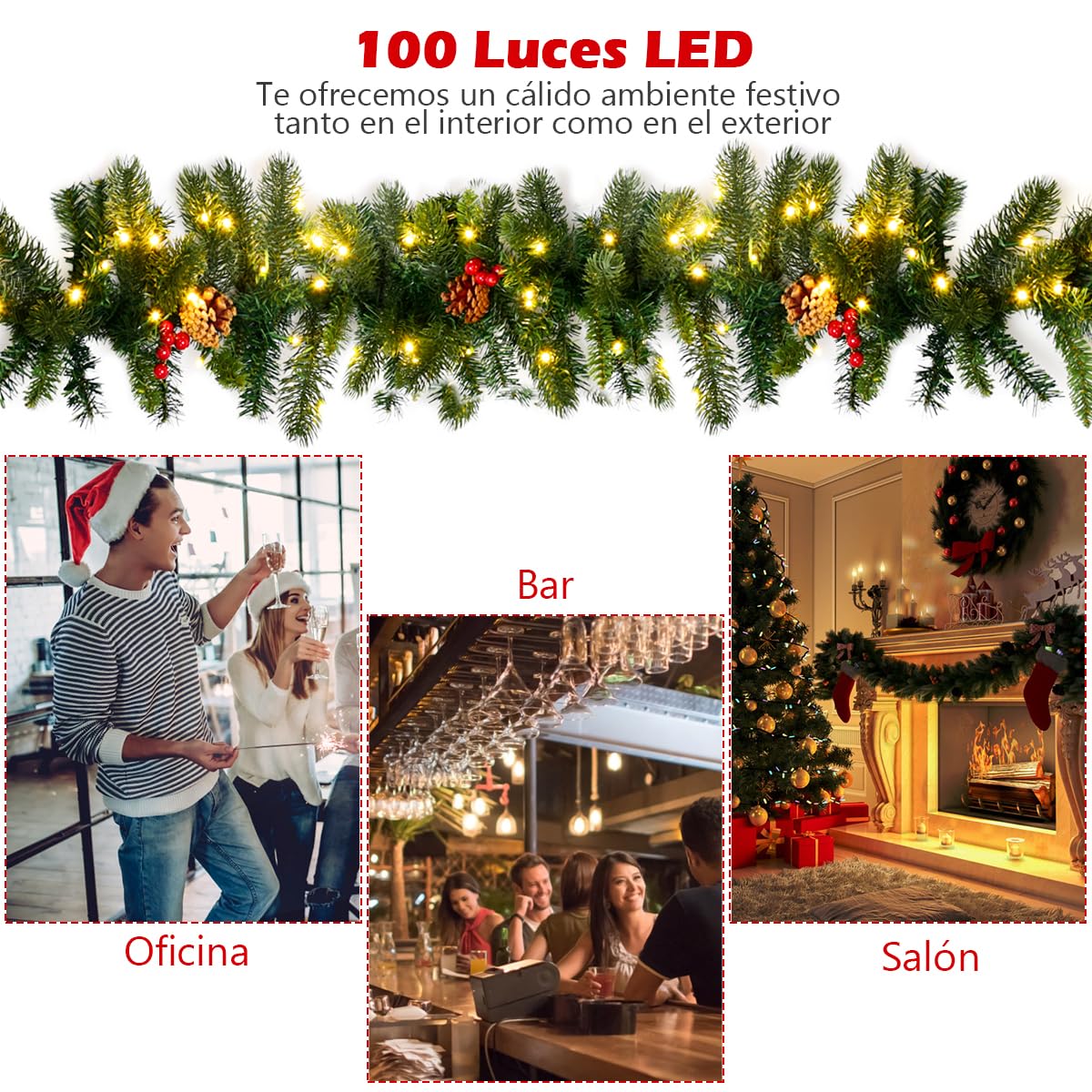 GYMAX Guirnalda de Navidad Decorativa de 270 cm con Función de Temporizador e Iluminación de 100 LED, Guirnalda de Abeto Artificial con Bayas Rojas y Piñas, para Puerta, Ventana, Chimenea, Escaleras