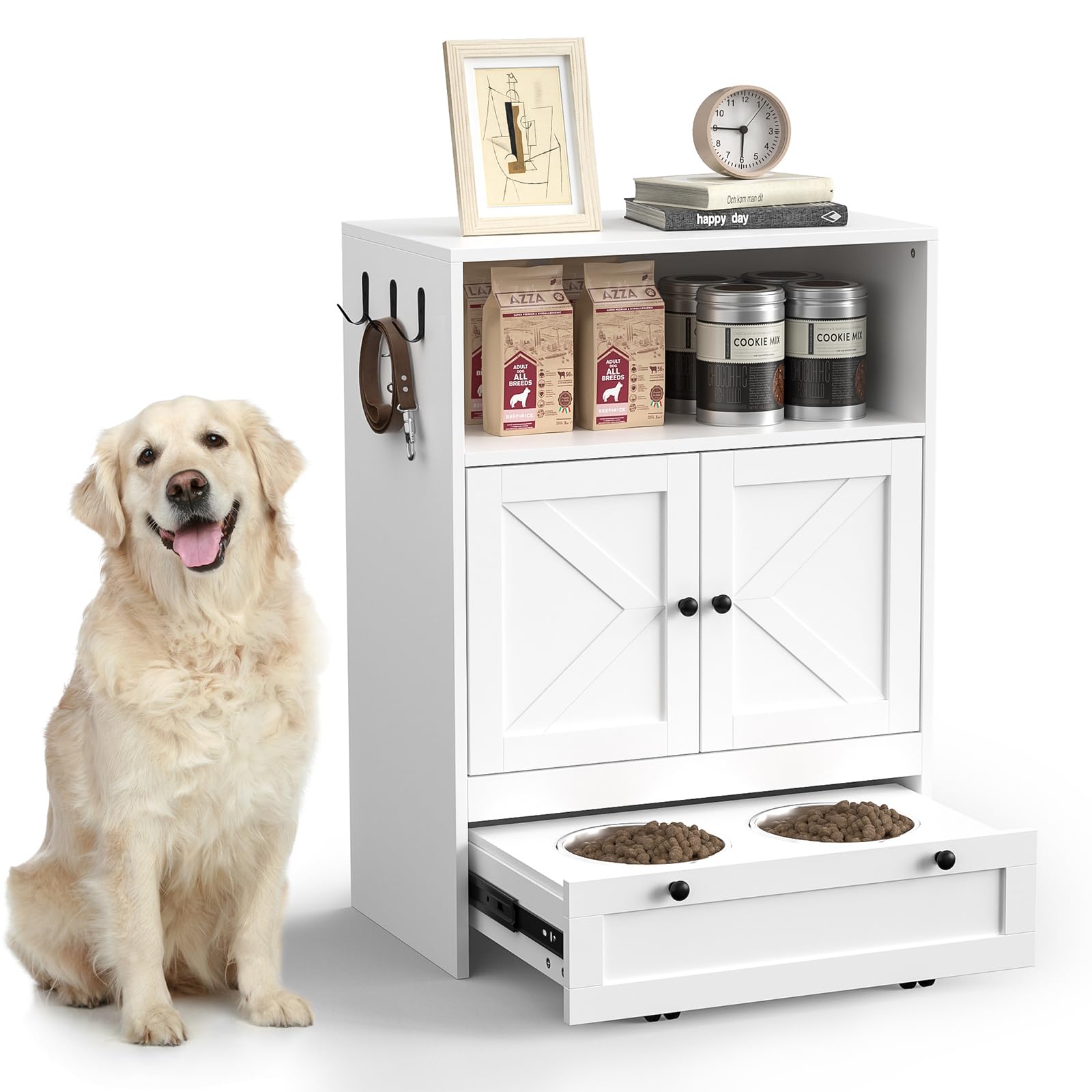 Mangiatoia per cani con 2 ciotole in acciaio inox, 60 x 35 x 82 cm, armadietto per animali domestici con ripostiglio, armadietto per animali domestici 2 in 1 e stazione di alimentazione, ciotola per