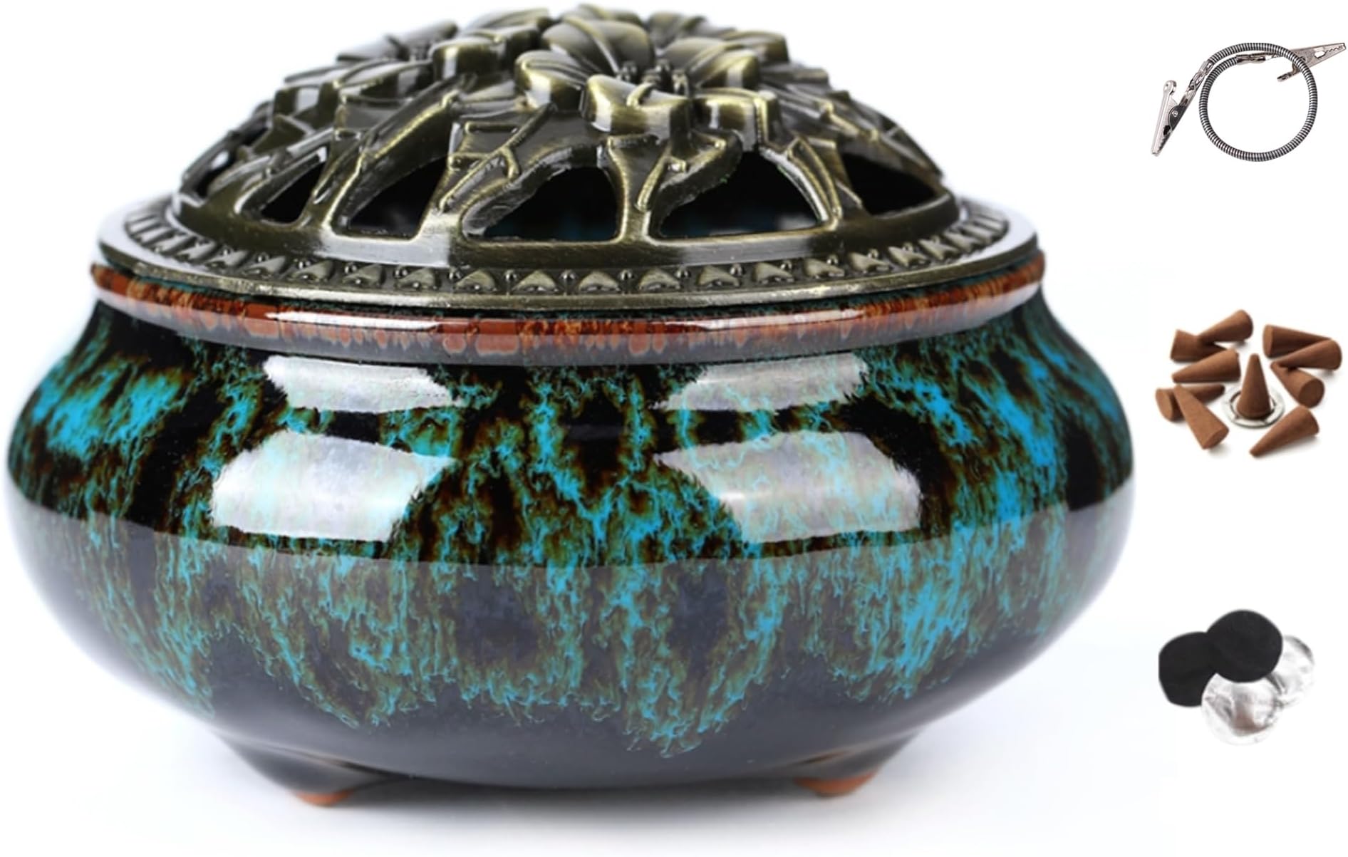 Ceramic Incense Burner with Incense Stick Holder + Insulation use for Stick or Coil Incense, Sage Cones and Frankincense (Fambe Blue)