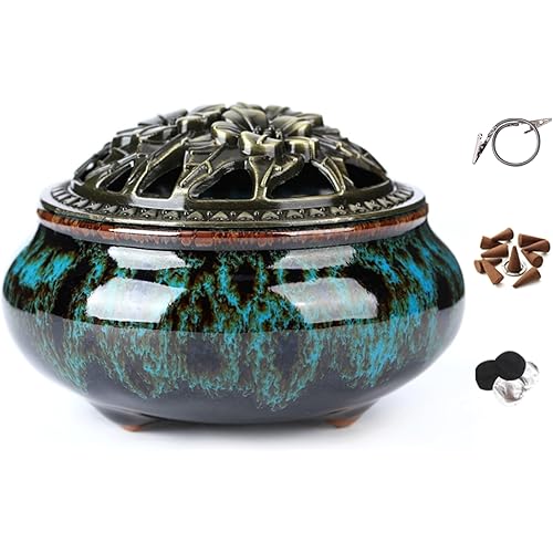 Censer Sky Blue Incense Burner with Calabash Incense Stick Holder - Porcelain Charcoal Censer for Use with Resin Granular Powder Cone or Coil Incense (Blue Fambe)
