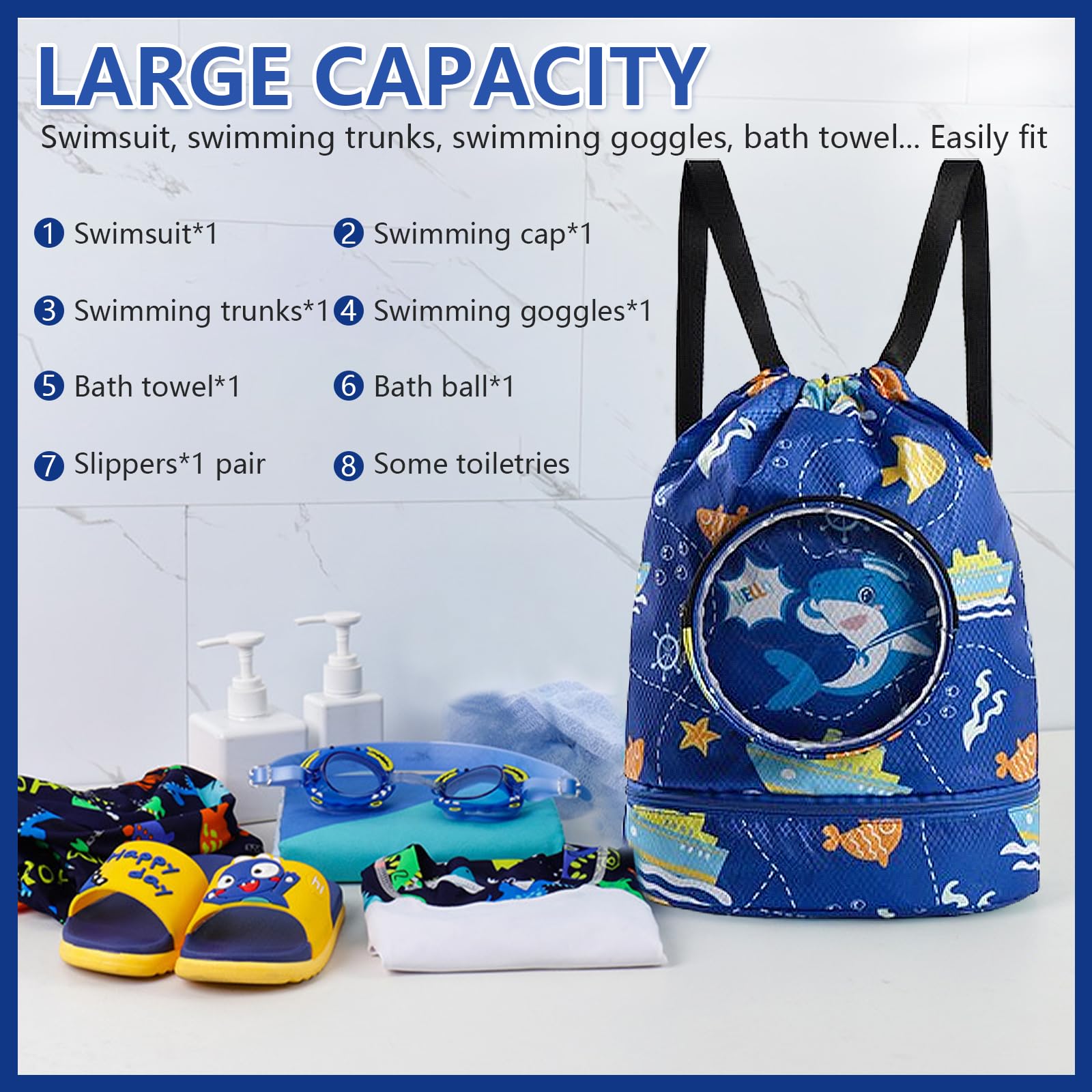 Zaino da Nuoto Bambini con Coulisse, Squalo | Borsa Impermeabile, Portascarpe, Grande Capacità, Con Cerniera, Per Piscina, Palestra, Spiaggia