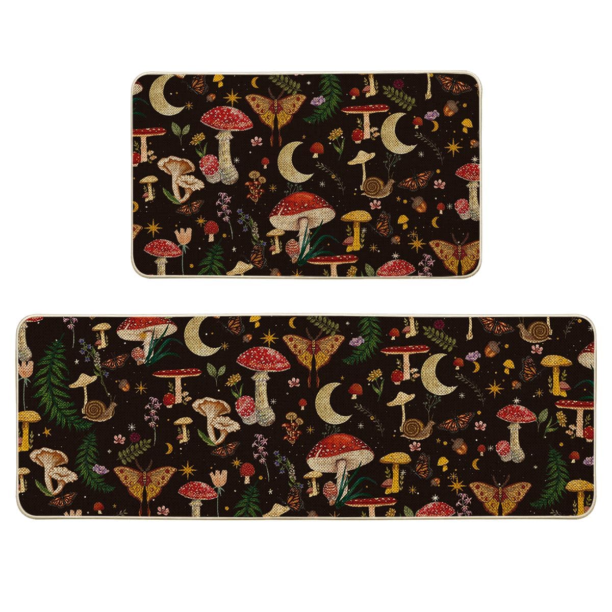 Artoid Mode Black Mushrooms Butterfly Spring Kitchen Mats Set of 2, Home Decor Low-Profile Kitchen Rugs for Floor - 17x29 and 17x47 Inch
