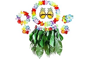 7 Pieces Hawaiian Flower Leaf Hula Skirt Costume Accessory Kit, Hawaiian Hula Grass Skirt Set