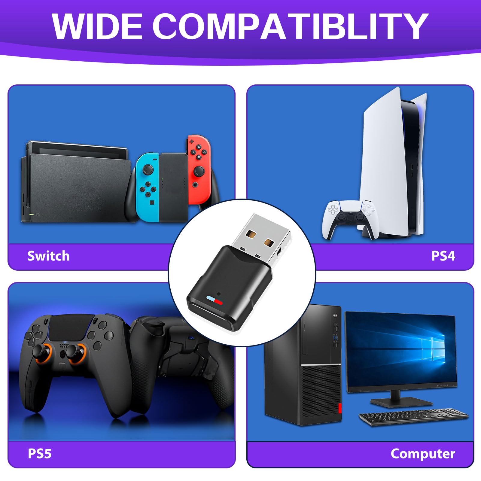 Adattatore USB Bluetooth 5.3 per PS5/PS4/SwitchConsole/PC, Dongle Dual Accoppiamento a bassa latenza Chiave Trasmettitore Ricevitore Audio Wireless per Windows/Macos/Cuffie/Altoparlanti