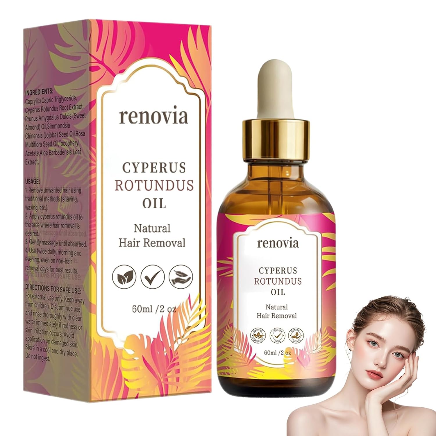 RENOVIA Cyperus Rotundus Oil for Hair Removal, 2026 New Renovia Hair Removal Serum, Reduces Unwanted Hair Growth, Pore Minimizer, Moisturizing & Soothing, Natural Herbal for All Skin Types (1 Pack)