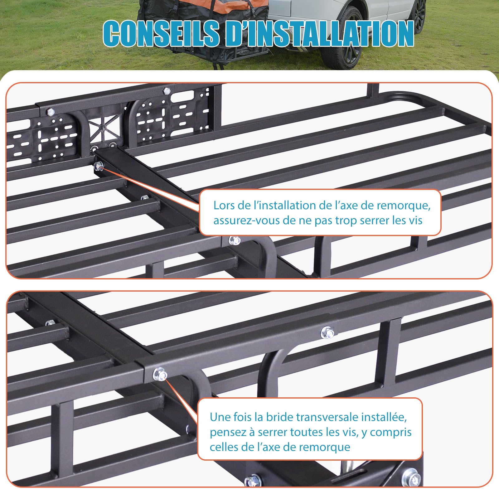 Porte-Bagages arrière pour attelage 120×61×15 cm, Porte-Charge arrière, Compatible attelage remorque, pour ATV/Quad, Voiture et SUV