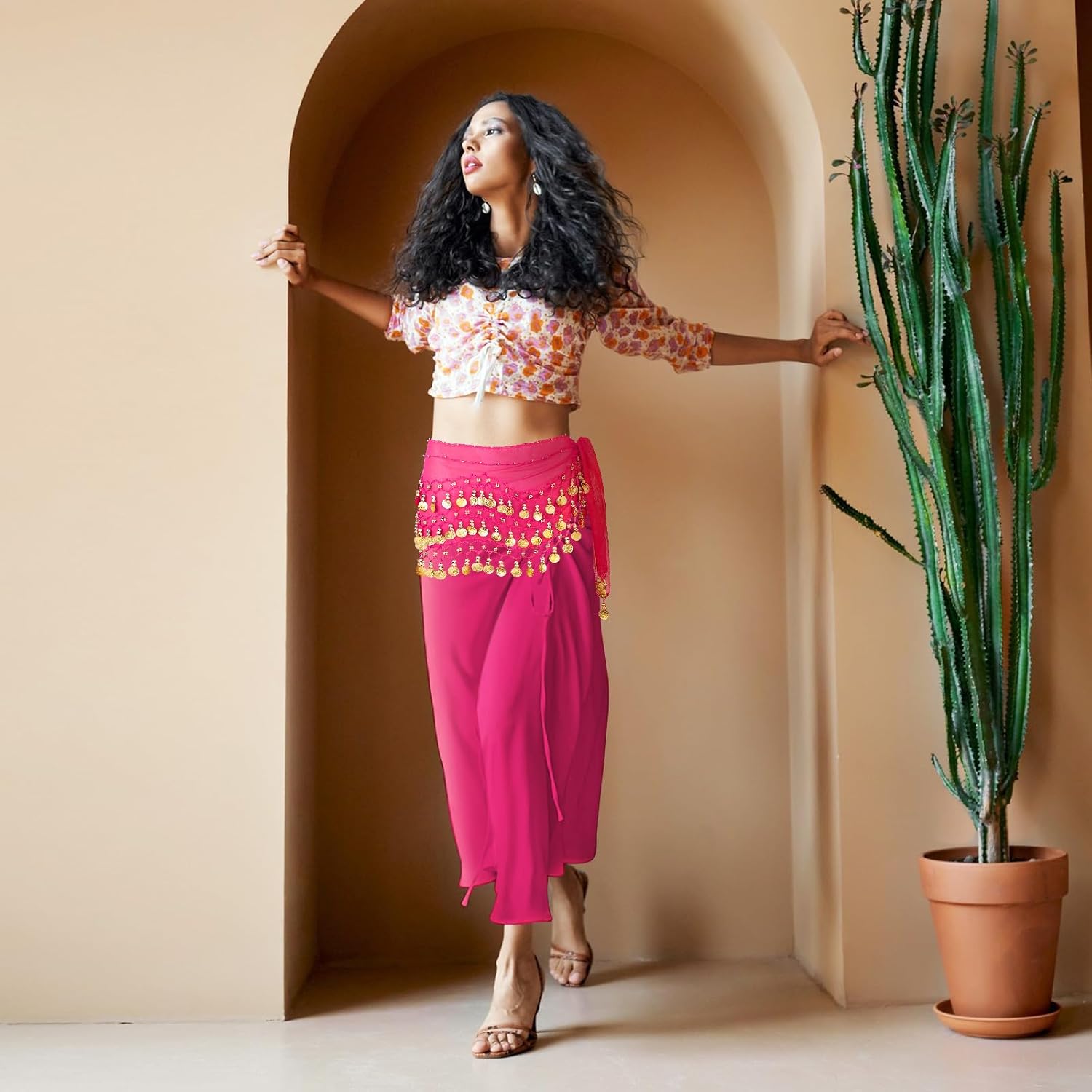 2PCS Belly Dance Hip Scarf, Women's Chiffon Belly Dancing Skirt with Sequin Coins for Bellydance, Zumba, Costume,Yoga