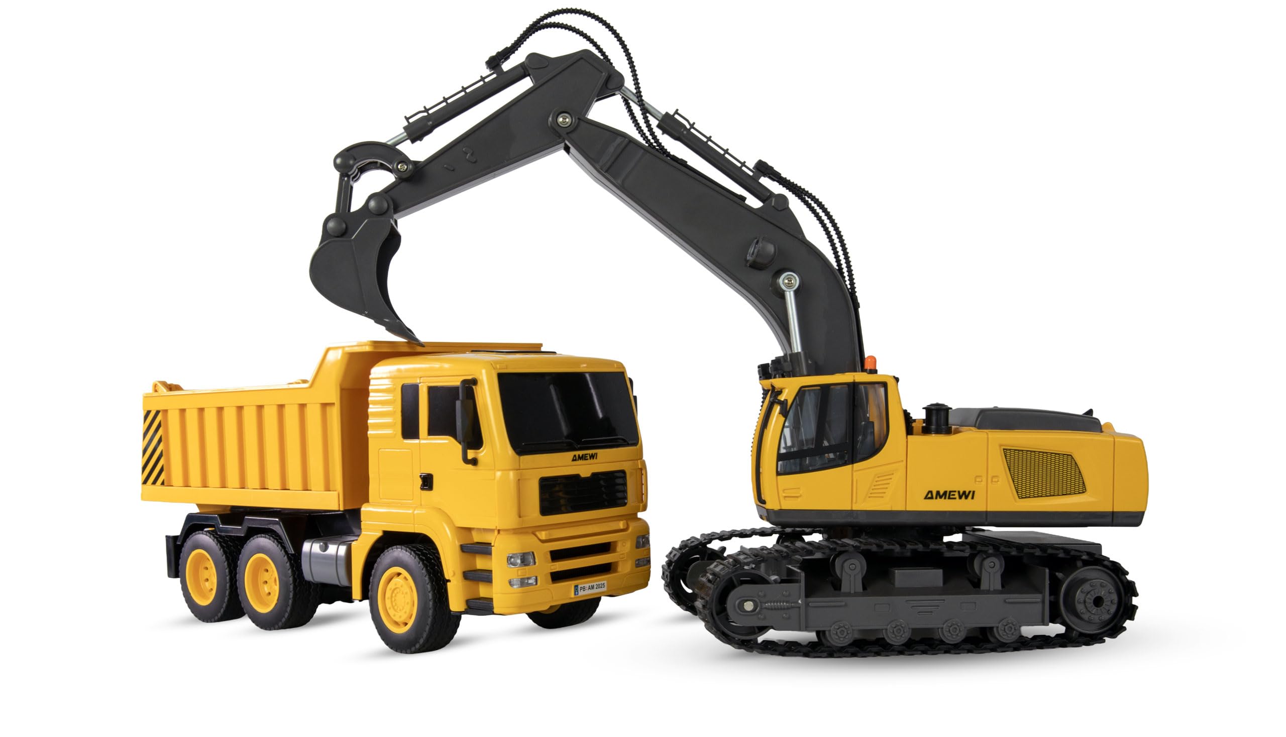 Amewi Zestaw 2 w 1 koparka łańcuchowa i wywrotka 1:18 RTR zdalnie sterowana RC dla dzieci od 6 lat, żółty