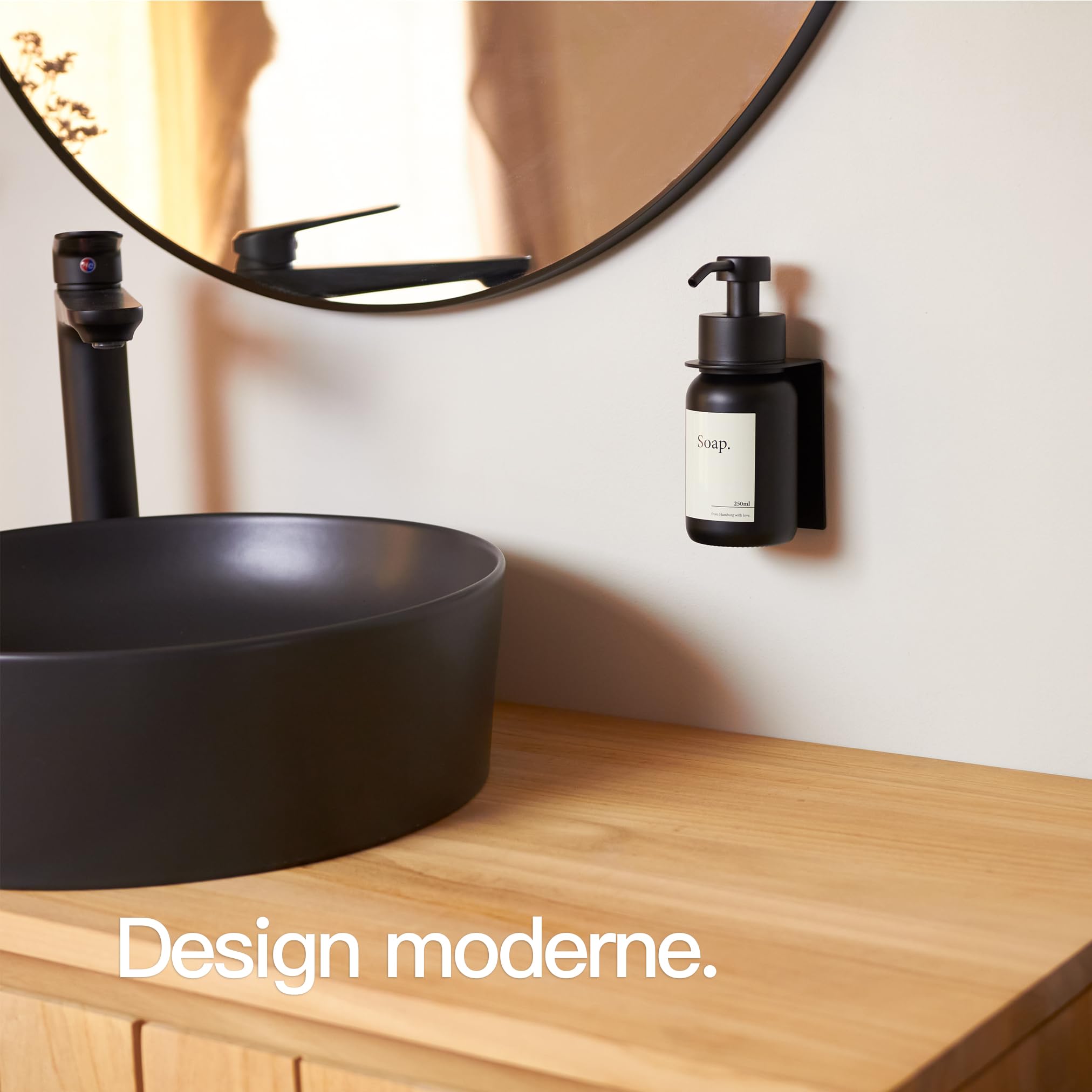 Design Hambourg Distributeur De Savon Mural en Verre avec Fixation Auto-Adhésive | Distributeur À Pompe en Acier Inoxydable | Support Savon Salle de Bain (1, Noir Noir, avec Support)