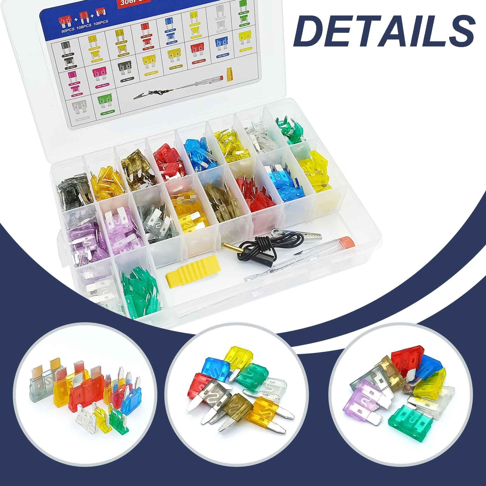 Kit assortito di 306 fusibili per auto, standard misti, mini e a basso profilo, fusibili a lama per veicoli, 2A, 5A, 7,5A, 10A, 15A, 20A, 25A, 30A, 35A, per camion, auto e SUV, barche