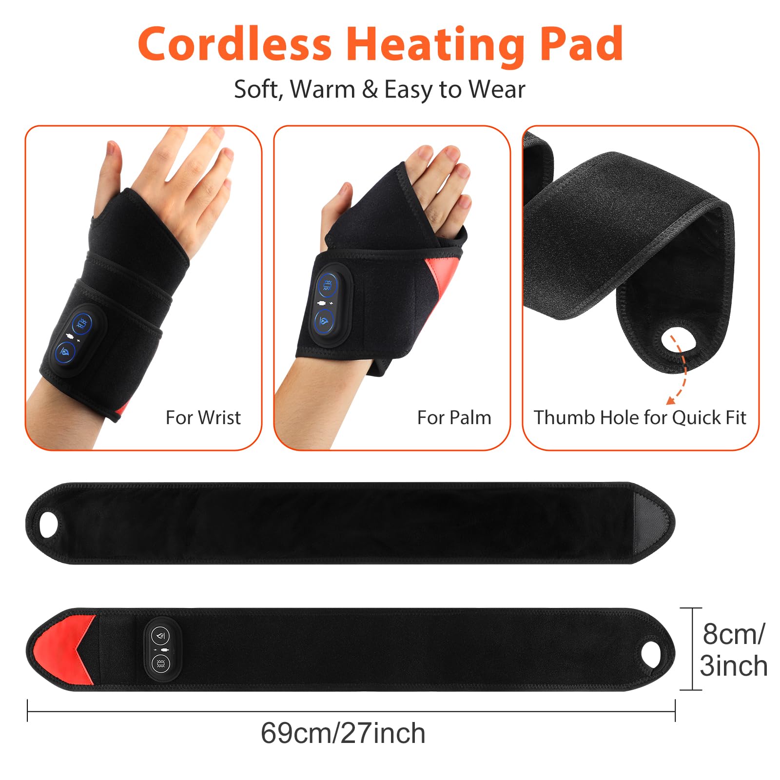 Almohadilla Térmica Para Muñeca Inalámbrica Con Vibración, Soporte Térmico Para Muñeca Portátil Con Luz Roja 660nm, 3 Niveles De Calor, 3 Modos De Vibración, Batería Integrada 3000mAh, Longitud 69cm