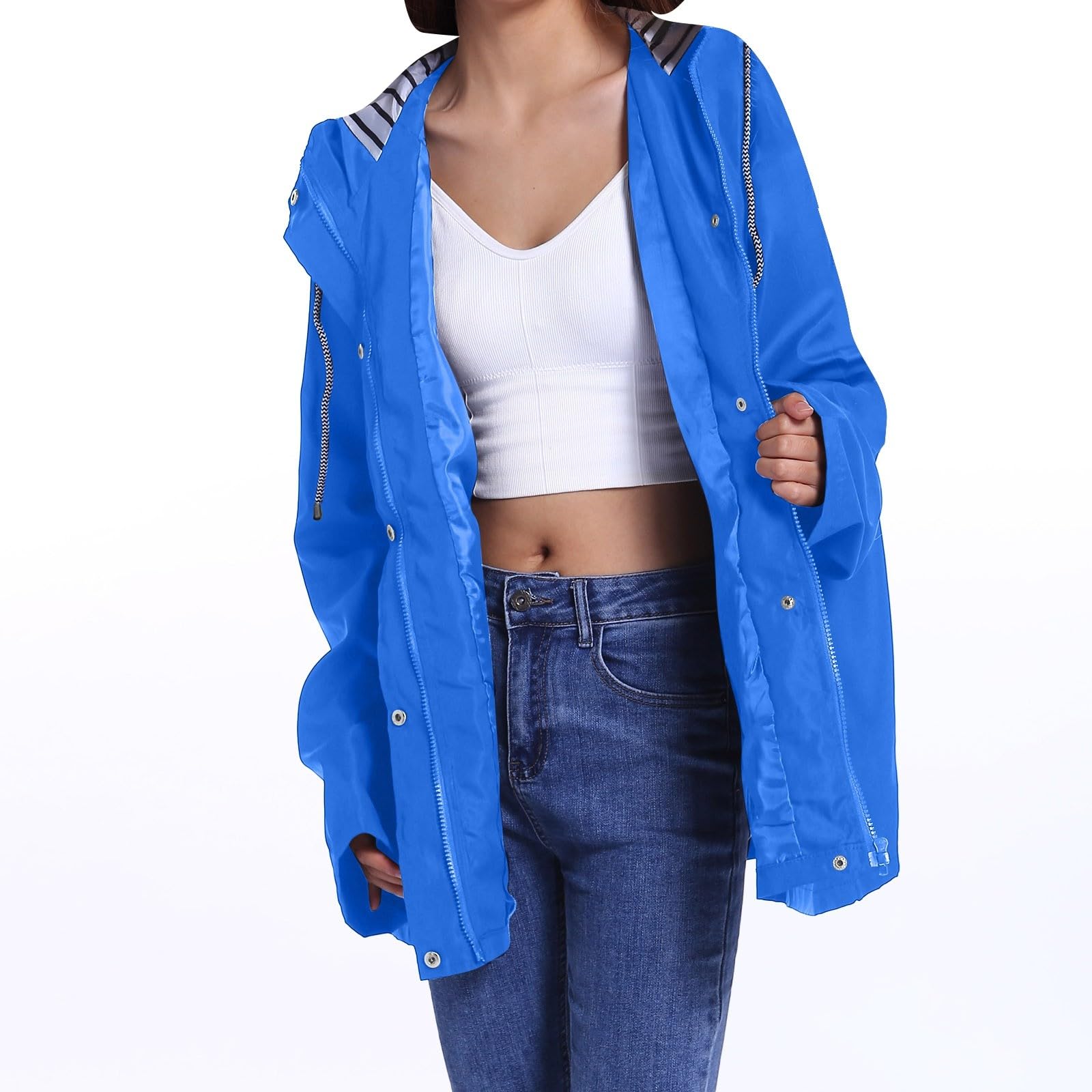 Generisch Regenjacke MäDchen Modische Damen Regenjacke mit langärmelig Windjacke mit Reißverschluss Kordelzug praktischen Taschen für nasses Wetter